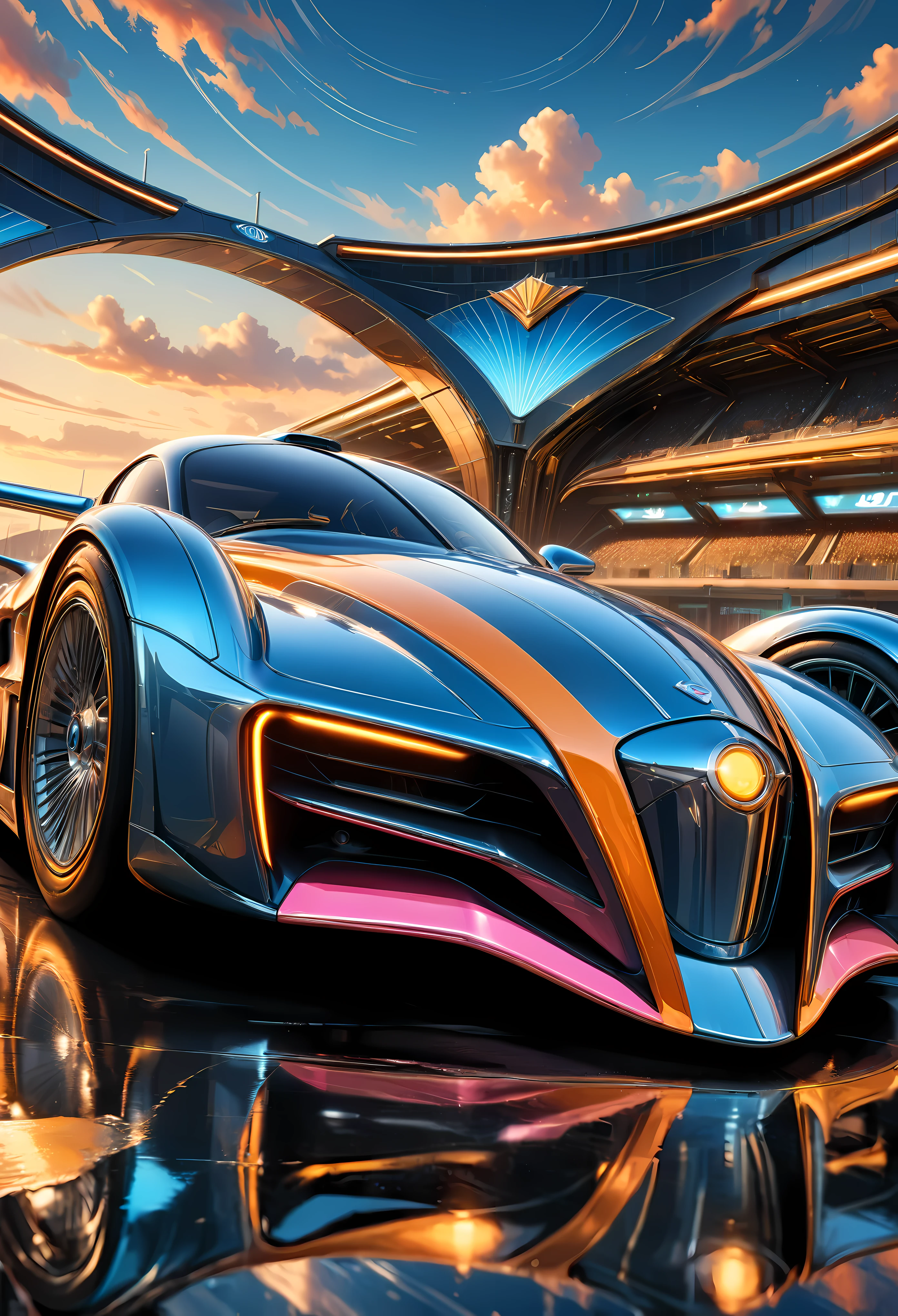 ((art deco style flying race car):1.5), art deco style science fiction, background is futuristic stadium, ((futuristic stadium):1.2) (best quality,4k,8k,highres,masterpiece:1.2),ultra-detailed,(realistic,photorealistic,photo-realistic:1.37),HDR,UHD,studio lighting,ultra-fine painting,sharp focus,physically-based rendering,extreme detail description,professional,vivid colors,bokeh.

All captured with sharp focus. Rendered in ultra-high definition with UHD and retina quality, this masterpiece ensures anatomical correctness and textured skin with super detail. With a focus on high quality and accuracy, this award-winning portrayal captures every nuance in stunning 16k resolution, immersing viewers in its lifelike depiction. Avoid extreme angles or exaggerated expressions to maintain realism.