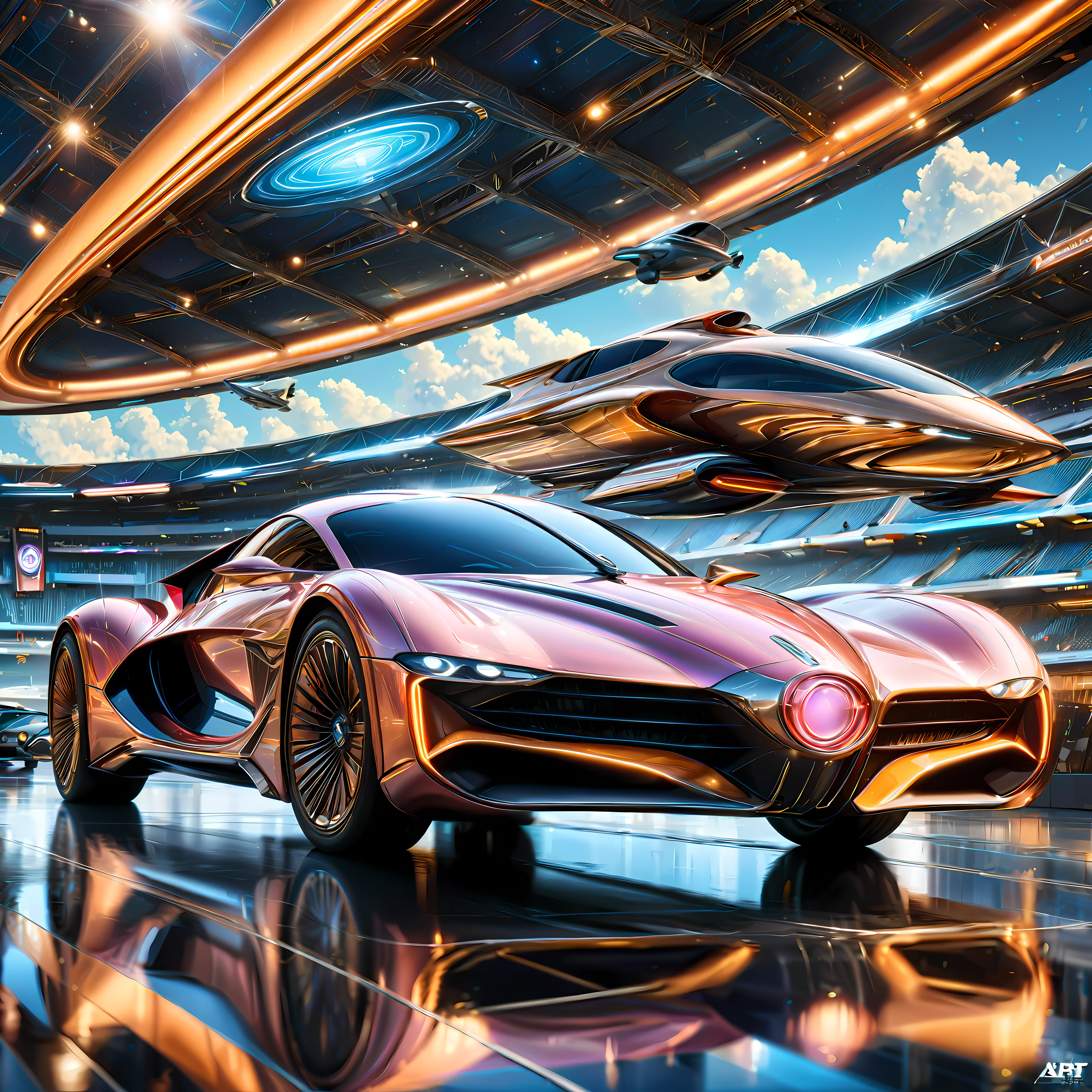 ((art deco style flying race car):1.5), art deco style science fiction, background is futuristic stadium, ((futuristic stadium):1.2) (best quality,4k,8k,highres,masterpiece:1.2),ultra-detailed,(realistic,photorealistic,photo-realistic:1.37),HDR,UHD,studio lighting,ultra-fine painting,sharp focus,physically-based rendering,extreme detail description,professional,vivid colors,bokeh.

All captured with sharp focus. Rendered in ultra-high definition with UHD and retina quality, this masterpiece ensures anatomical correctness and textured skin with super detail. With a focus on high quality and accuracy, this award-winning portrayal captures every nuance in stunning 16k resolution, immersing viewers in its lifelike depiction. Avoid extreme angles or exaggerated expressions to maintain realism.