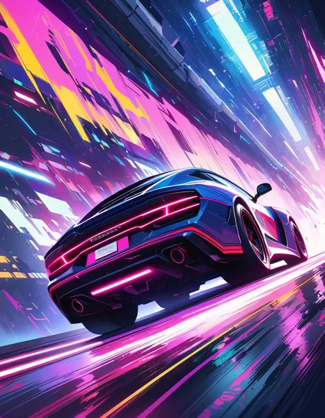 （best quality，4K，High resolution，masterpiece：1.2），super detailed，（lifelike：1.37），Future cyberpunk style car，highway，racing，interesting，bright colors，Futurism，moving rapidly，neon lights，vibrant action，Detailed car design，Dynamic perspective，city environment...