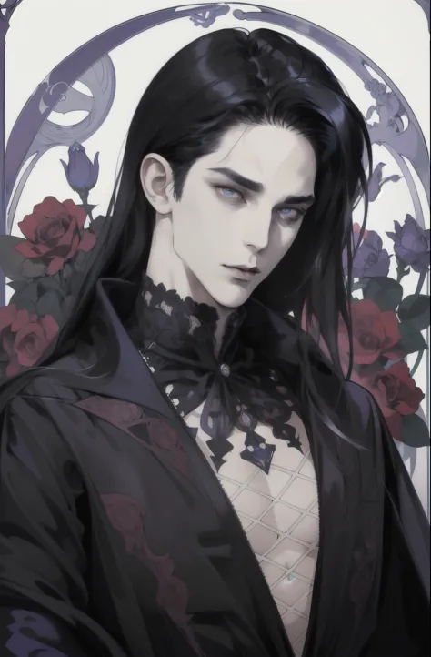 basic Art Nouveau, A Vampire tarot card with, man,  perfect face, young, (((oval face))), dark clothes, soft and melancholic facial features, delicated man, no wrinkles, no lipstik, effeminate face, gothic style, perfect detailed eyes and face, black hair ...