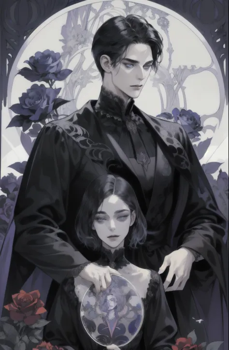 basic Art Nouveau, A Vampire tarot card with, man,  perfect face, young, (((oval face))), dark clothes, soft and melancholic facial features, delicated man, no wrinkles, no lipstik, effeminate face, gothic style, perfect detailed eyes and face, black hair ...