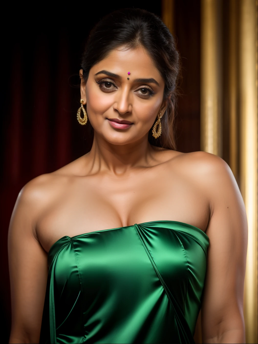 Anusha hot cleavage photos in green dress - SeaArt AI