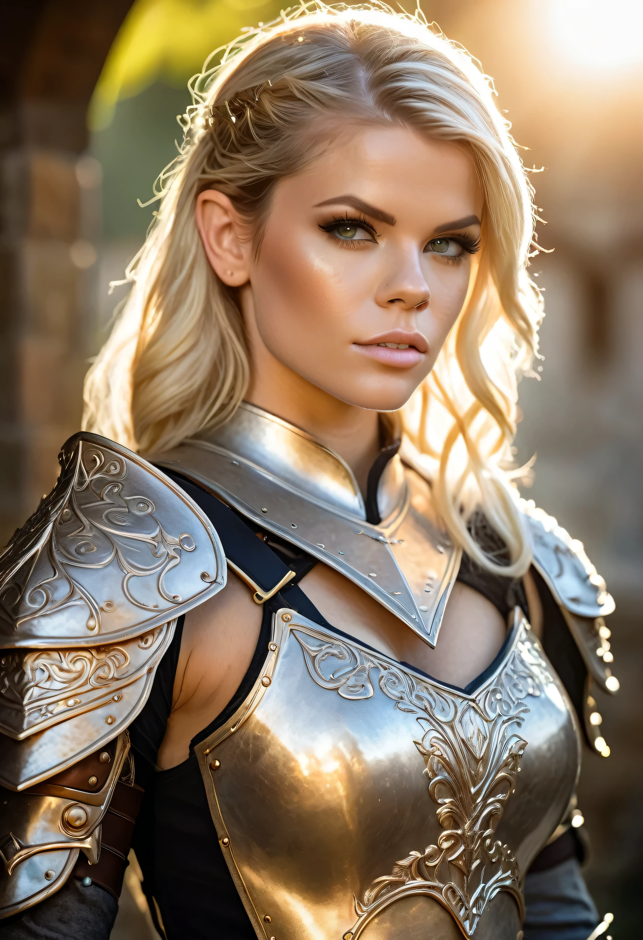 chef-d&#39;œuvre, une belle chevalier elfe (Jessa Rhodes), yeux pétillants, cheveux blond, Épaules larges, corps fort, peau pâle très détaillée avec de légères taches de rousseur, armure d&#39;elfe en filigrane très détaillée, dehors, (Texture de la peau:1.1), Meilleure qualité, ultra haute résolution, photo brute, Nikon D850, rétroéclairage, lumière de jante, lumière du soleil éblouissante, grain de film:1.2, (teinte chaude, ton chaud:1.2), (photo couleur), fond de château fantastique