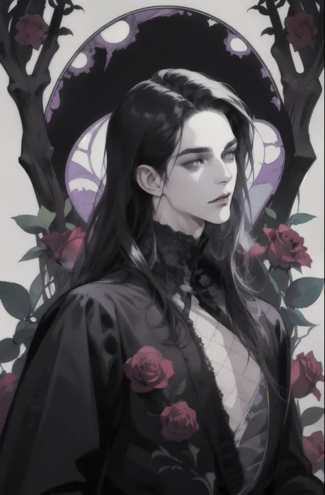 basic Art Nouveau, A Vampire tarot card with, man,  perfect face, young, (((oval face))), dark clothes, soft and melancholic facial features, delicated, no wrinkles, gothic style, perfect detailed eyes and face, black hair and blue eyes vampire man, synthw...