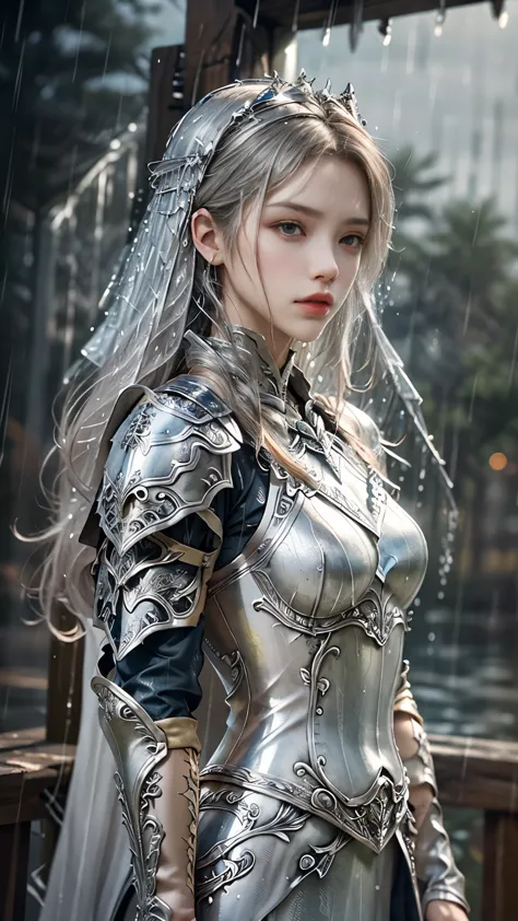 a woman in a silver armor, realistic Art Station, (hard raining:1.5), Detailed Fantasy Art, Stunning Character Art, beautiful Ex...