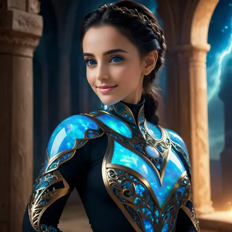 (1 beautiful teenage Saudi Arabian girl:1.6),(wears bodysuit with beautiful fractal or marble design:1.5),(She wears gauntlets w...