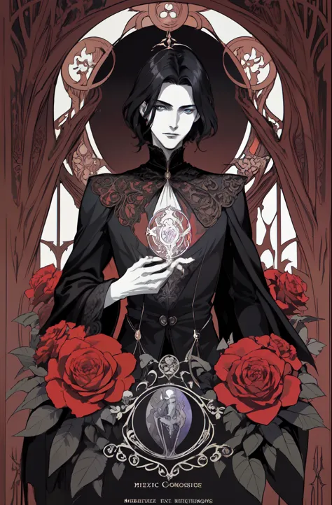 
basic Art Nouveau, A Vampire man tarot card with, man, perfect face, young, (((oval face))), dark clothes, soft and melancholic facial features, delicated, no wrinkles, gothic style, perfect detailed eyes and face, black hair and blue eyes vampire man, sh...