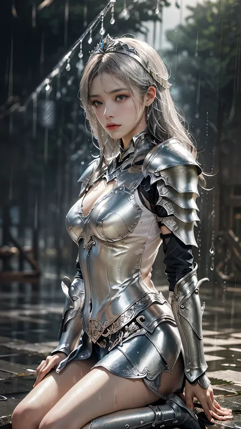 a woman in a silver armor, realistic art station, (hard raining:1.5), detailed fantasy art, stunning character art, beautiful ex...