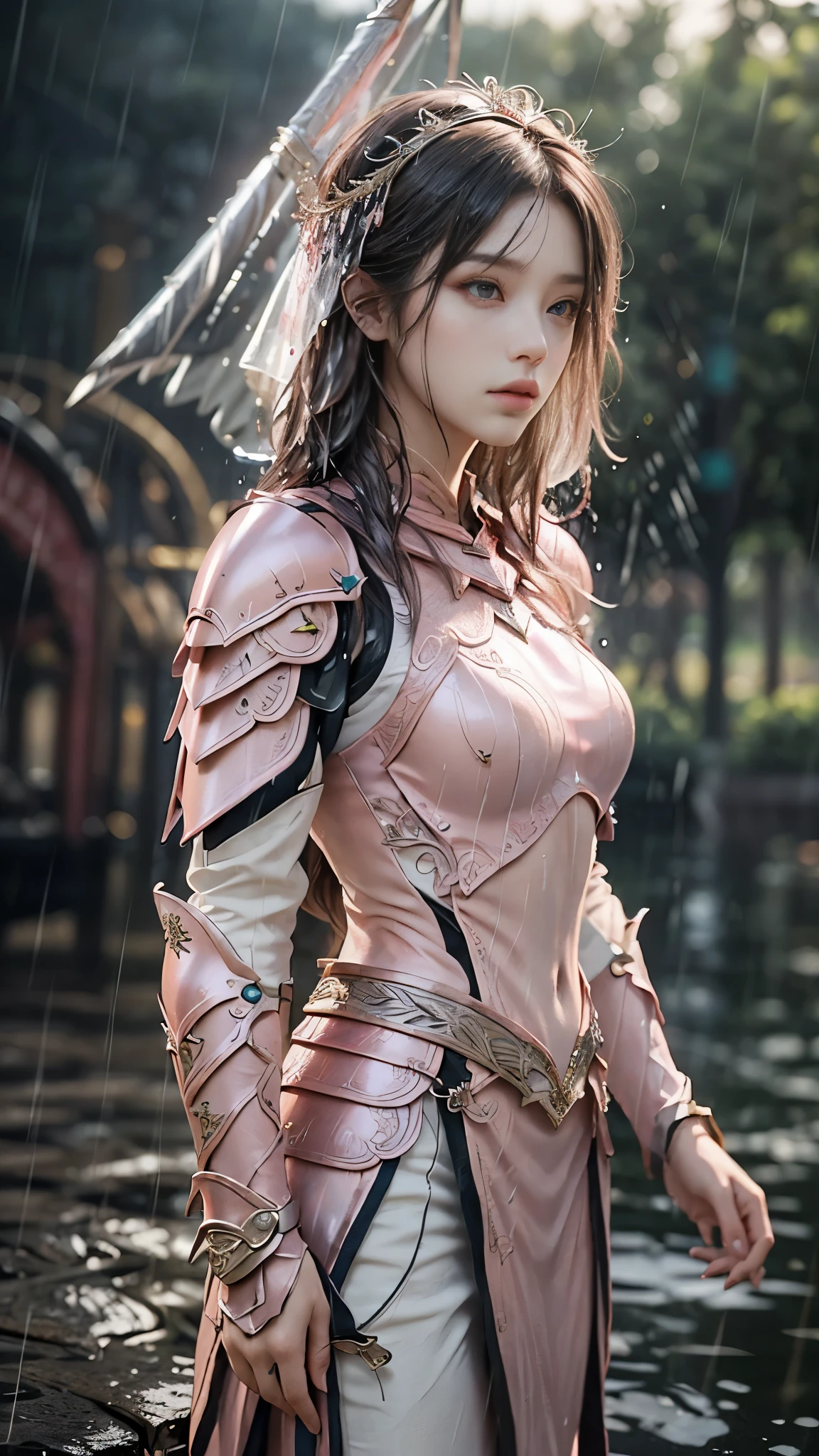 a woman in a pink armor, realistic Art Station, (hard raining:1.5), Detailed Fantasy Art, Stunning Character Art, beautiful Exquisite Character Art, Beautiful (pink Armor:1.8), Extremely Detailed, Exquisite Intricate Headdress and Jewellery, perfect body,