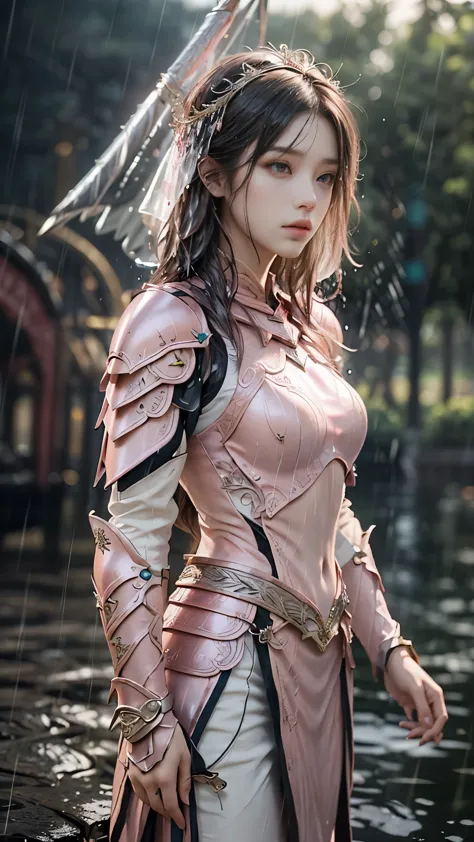 a woman in a pink armor, realistic art station, (hard raining:1.5), detailed fantasy art, stunning character art, beautiful exqu...