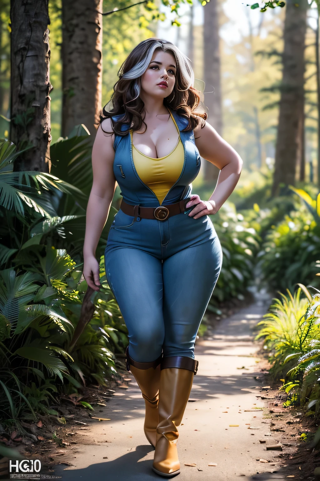 (​masterpiece:1.0), (Best_Quality:1.2), (dark shot:1.3), Classic villain, 1991 Rogue X-Men, 1 girl, Only 1, ((Full body view)), look away from the viewer, Decollete, (Overweight), ((Light blue short denim romper)), zipper, belt, skintight, ((in armless)), With a naked torso, High Heels, (short brown boots), (naked legium long hair, Brown hair, nice hair, tousled hair, Green eyes, harter Blick, defiant grin, Biting lips, ((curvy figure)), wide hips, Kamelzehe, thick thighs, medium breasts, red lipstick, heavy make-up, Light source from above, (真实感: 1.5), (realisti: 1.4), (absurdity:1.4), 8k, ultradetailed, Detailed beautiful woman, Standing at a wooden fence in the forest, offcial art, Extreme detail CG Unity 8K wallpaper, perfect lightning, colorful, ultra high resolution, fotografia, 8k, HDR, Kodak portra 400, film grain, blurry backround, (bokeh:1.2), (exhilarated_colour:1.2), film grain:1.2, (warm hue, warmer Ton:1.2), (colour photo), professional photo, empty hands, hands on hip, View from the side