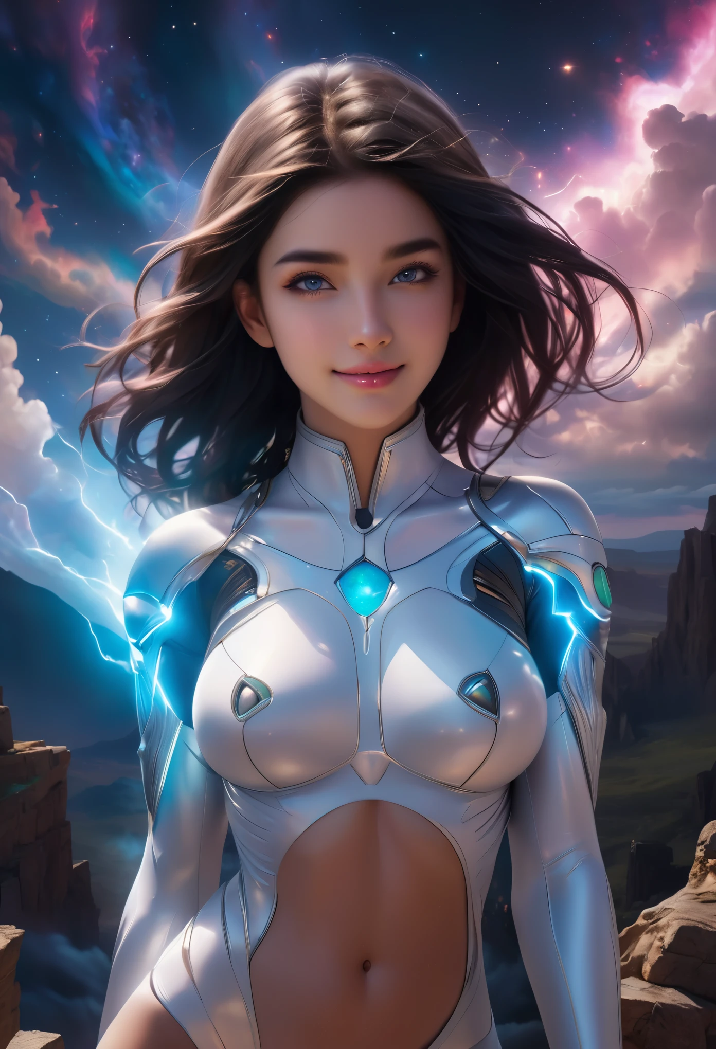  ((high quality)),(super realistic photos, official art, unity 8k wallpaper, 8K portrait, high quality, very high resolution:1.36), (One beautiful Saudi Arabian teenage girl:1.6),(She wears a white bodysuit with a beautiful fractal or marble design:1.5),(She wears a very beautifully designed gauntlet with jeweled details:1.6), ((she is showing her armpits:1.6)), (erotic pose:1.6), (model pose:1.6), incredibly spectacular scene,((fantasy)), blue plasma brain, green plasma body, obscene, average, (despicable:1.2), (immoral:1.2), (Small breasts with beautifully raised pink areolas:1.5), (expression of ecstasy:1.2), (incredibly beautiful nature background:1.6), (18yo:1.5), (sexy and glamorous:1.1), (coquettish expression:1.6), (smile seductively:1.6), beautiful seductive face, portrait, (thick eyebrows:1.4), Beautiful eyes with high bilateral symmetry, (highly detailed eyes:1.4),(highly detailed face and eyes:1.7), (High resolution opal eyes:1.8),  (Highly detailed skin texture:1.4), Very detailed dark skin, perfect anatomy, thin, (Beautiful muscular and toned body:1.6), highly detailed jet black hair,  (moist skin:1.7), no makeup, (bear:1.1), excellent anatomy, focal plane, good looking, (emilia clarke:0.1) (emma watson:0.3),(jennifer connelly:0.24),  (A delicately crafted necklace is wrapped around her neck.), (Bioluminescence with a brilliant glow:1.4), (Shining magic circle:1.5), ruins of an ancient castle, Shining majestic clouds and sky, lightning, spectacular realistic, (greg latkowski:0.8), (teal and orange:0.4), (art station:1.5), cinematic, (NSFW:1.6), dramatic light, (intricate details:1.1),milky way, (nebula:1.6), dark Knight, Note the fully armored body