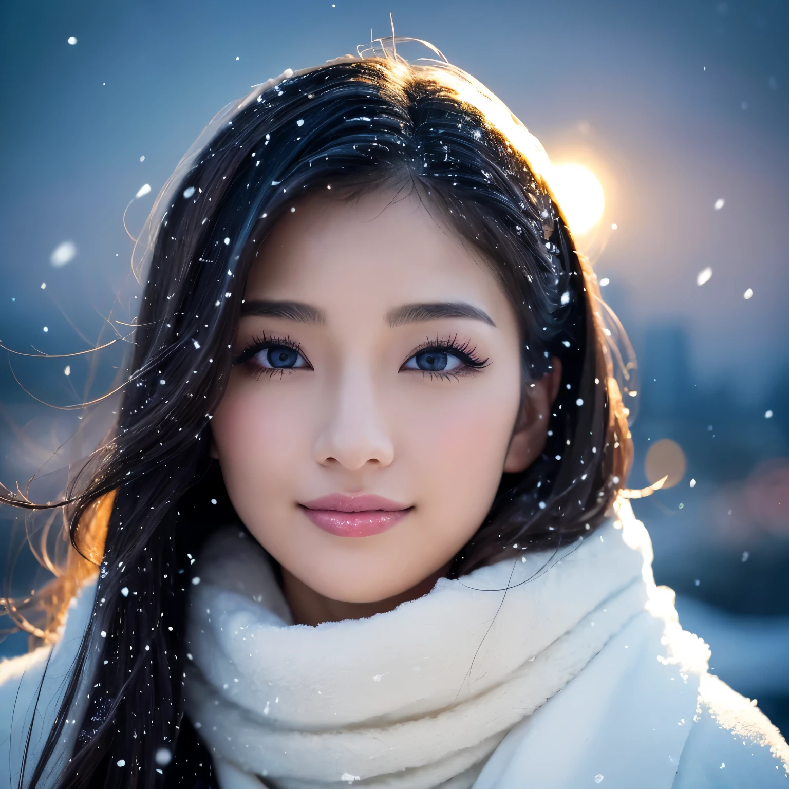 ((highest quality、table top、8K、best image quality、Award-winning work))、one beautiful woman、smile looking at me、(close up of face:1.6)、(The perfect and most natural long muffler:1.2)、(elegant thick coat:1.1)、epic movie lighting、(romantic love feelings:1.1)、(The most romantic and moody atmosphere:1.1)、winter city、Snowy landscape in the city、(The snow in the air sparkles finely:1.1)、(It&#39;s snowing heavily:1.1)、(Tyndall effect:1.1)、(Night view of the city with snow falling:1.2)、Shining beautiful skin、(accurate anatomy:1.1)、Ultra high definition beauty face、long eyelashes、natural makeup、ultra high definition hair、Ultra high definition eyes、(Shining beautiful skin with ultra-high resolution:1.1)、Super high resolution glossy lips、radiant beautiful skin