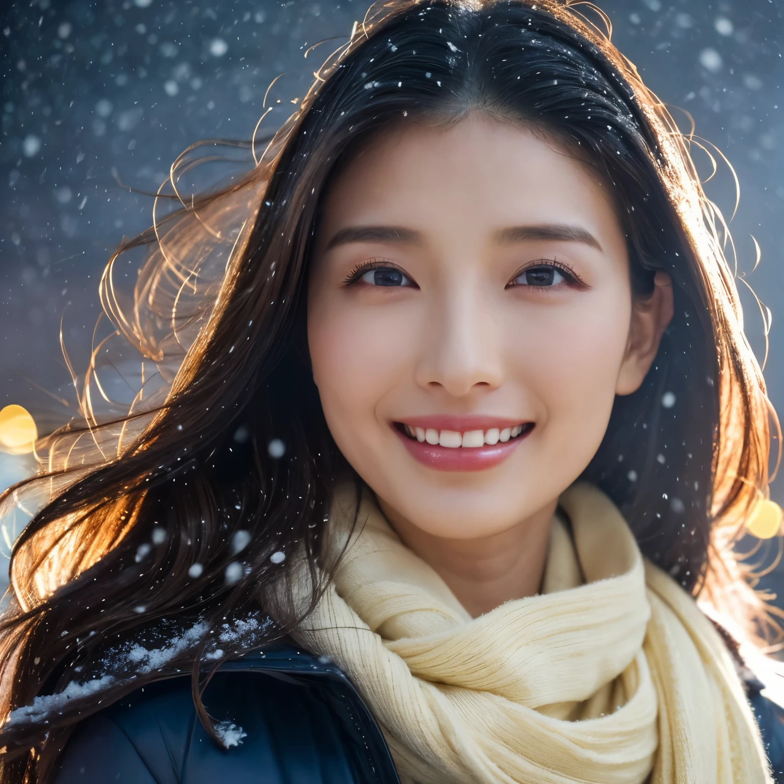 ((highest quality、table top、8K、best image quality、Award-winning work))、one beautiful woman、smile looking at me、(close up of face:1.6)、(The perfect and most natural long muffler:1.2)、(elegant thick coat:1.1)、epic movie lighting、(romantic love feelings:1.1)、(The most romantic and moody atmosphere:1.1)、winter city、Snowy landscape in the city、(The snow in the air sparkles finely:1.1)、(It&#39;s snowing heavily:1.1)、(Tyndall effect:1.1)、(Night view of the city with snow falling:1.2)、Shining beautiful skin、(accurate anatomy:1.1)、Ultra high definition beauty face、long eyelashes、natural makeup、ultra high definition hair、Ultra high definition eyes、(超高解像度でShining beautiful skin:1.1)、Super high resolution glossy lips、radiant beautiful skin、(Super high definition perfect beautiful teeth:1.1)