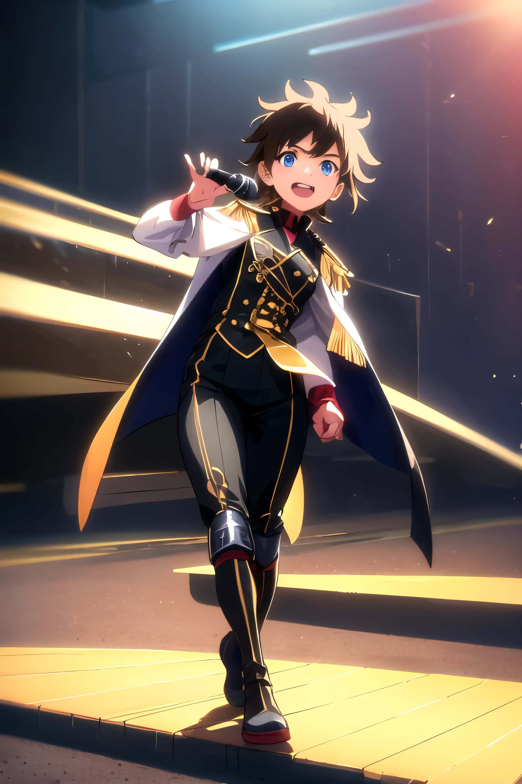 ((Mejor calidad)), ((obra maestra)), (detallado), Anime-style full-length illustration of a young 14-year-old pirate captain named Nika, with short spiky brown hair with white highlights, ojos azules brillantes, y un cuerpo atletico. He wears a black pirate captain outfit with gold details and high boots.. Nika smiles as she sings into a microphone on a lonely stage.. The illustration must convey a manga., caprichoso, tipo JRPG, encantador, y un ambiente emocionalmente evocador. Lighting should be flat, y el fondo debe b