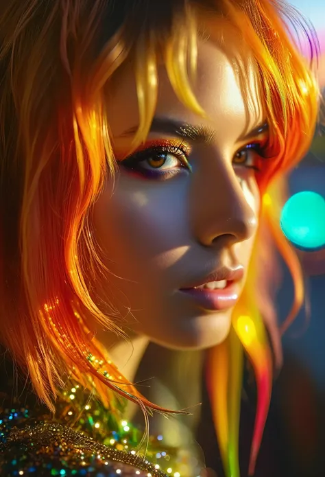 multicolored hair, gradient hair, carrot hair ornament, mole under eye, amber eyes, high detail, Verism, Hyperrealism, Contemporary art, cinematic lighting, sparkle, wide shot, f/1.2, best quality, award winning, 8k, super detail, UHD