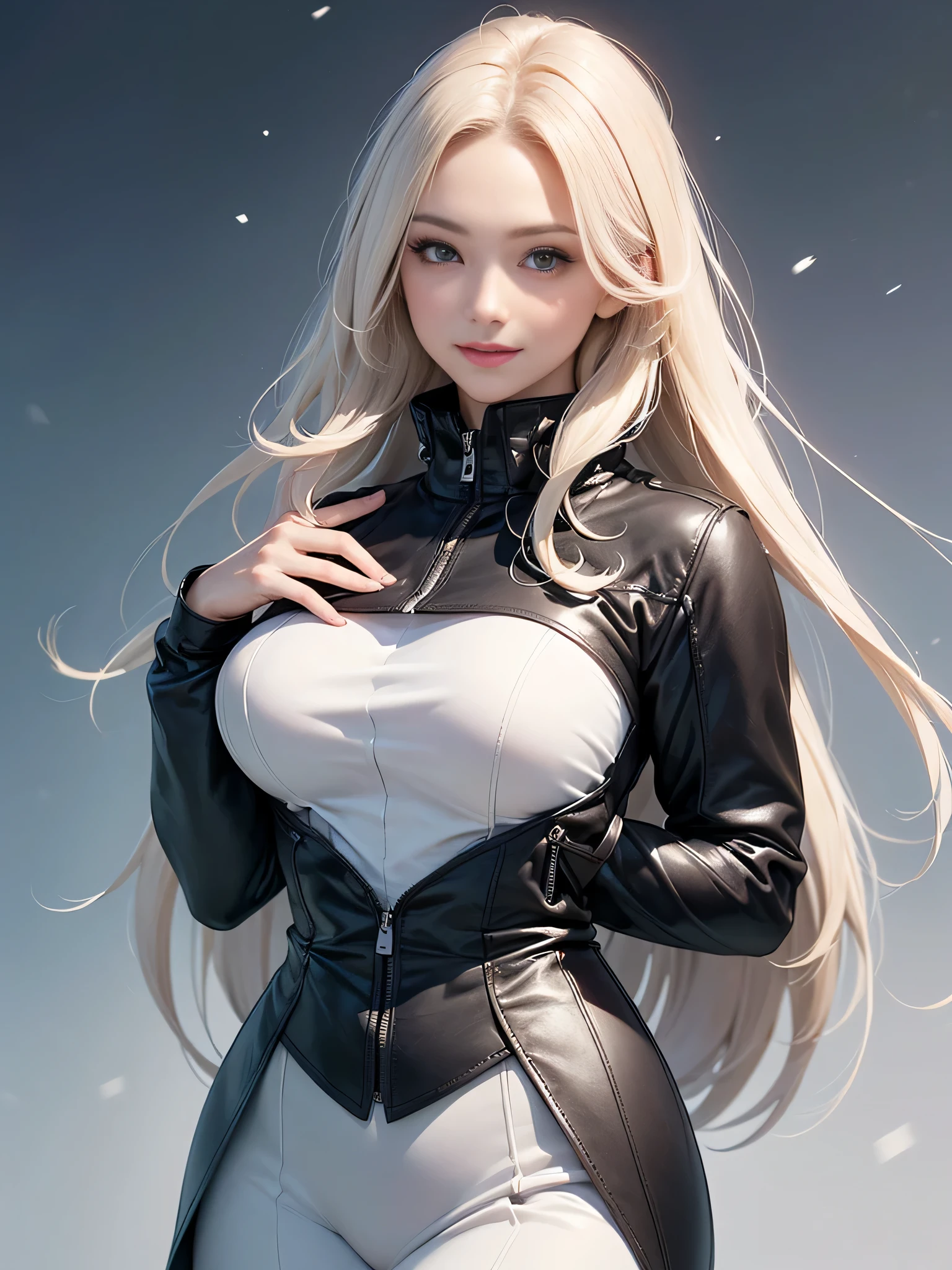 (highest quality, 8K, High resolution, realistic:2.0), (((alone, one girl:2.0))),(lit: front),(lit: strong),(ultimate beautiful girl:2.0),(shiny skin),(oily skin),(platinum blonde hair:1.3),(straight long hair:2.0),blush brown makeup , dark eye makeup , use pink glossy lipstick,(girl with big beady eyes:1.5),((round face, smile, big breasts,big ass))、flushed complexion、((upper body portrait)) 、((snowy winter outdoors))、（anatomically correct）、（perfect body proportions)、 ((perfect hands))、 (((perfect fingers)))、(oily skin:1.5)、