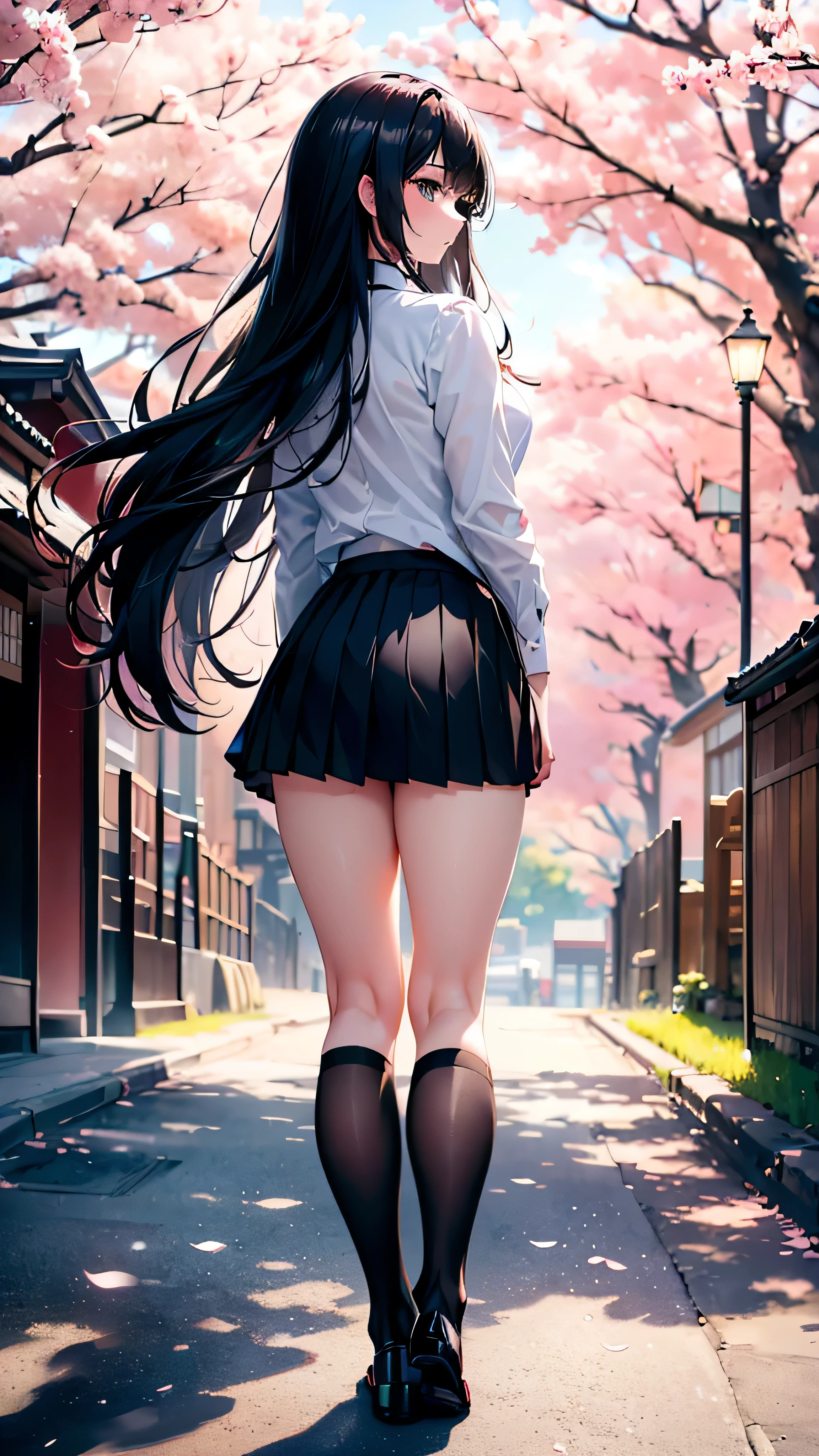 ((best quality)), ((masterpiece)), (detailed), (High contrast natural side daylight, dynamic lighting, movie lighting), 
((Turn your back to the camera)), whole body, 1 girl, Rear view, ((Japanese)), perfect body structure, Sexy body shape, Fair and glowing skin, Long hair fluttering in the wind, (((extra long:1.6)))black curly hair, ((Delicate hair)), Slender and natural legs, perfect feet painting quality, Exquisite finger painting quality, Cute back and side, 
((symmetrical clothes, uniform, white collar shirt, Black pleated mini skirt，dark stockings, Dark student shoes)) , perfect feet, (Beautiful scenery), (outdoor breeze), Quiet Japanese city street, spring morning, ((Cherry blossoms)), whole body images, ((perfect composition, golden section)), Prominent theme, (((eye level photography:1))), (Detailed depiction of environmental details:1.5), Depth of field control, ((Reduce color saturation slightly:1.2)), (Japanese style photos:0.3),