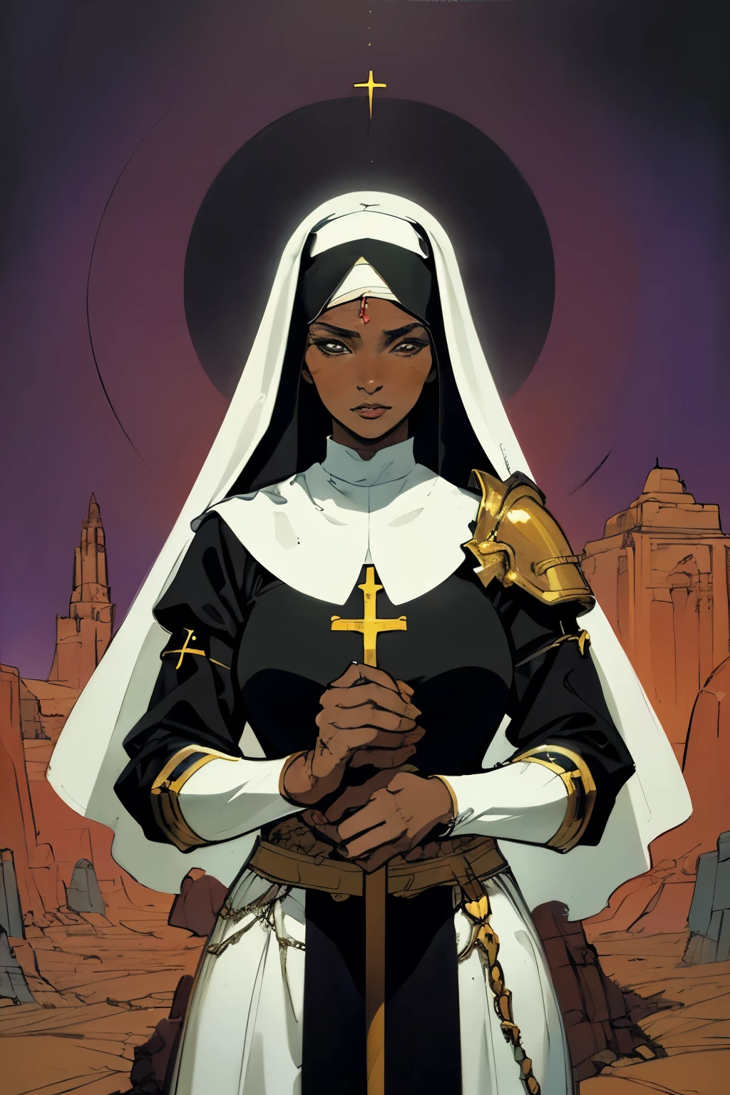 masterpiece:1.2, best quality, ultra detailed, absurdres, 1 brunette woman, tan skin tone, armor, futuristic, detailed, nun attire, nun covering, ( methurlant), (masterpiece, best quality:1.3), (tan_skin), dark, divine pose, internal temple background,  in the style of Kentaro Miura, fantasy, SCI-FI, 