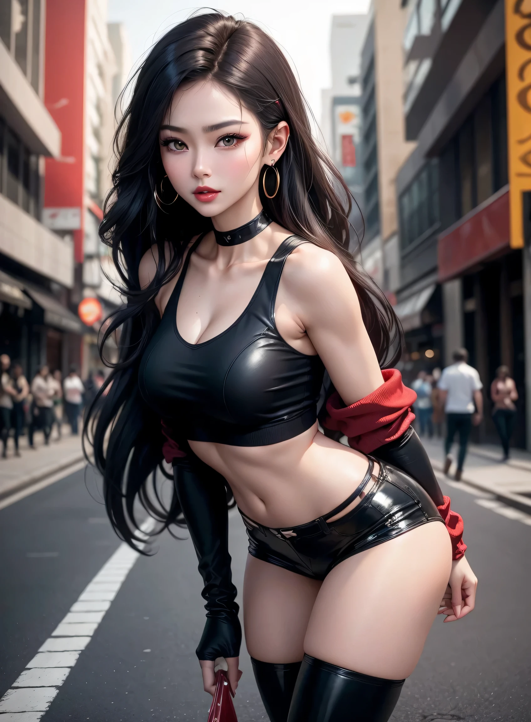 Top quality work，3D HD real scene，8K HD photos，10x pixel enhancement，very high res，highly detailed work，Clear and authentic work，Very detailed CG wallpaper，Clear focus：1.5，Natural dimming，Studio dimming，Face description：Three-dimensional facial featureelon seed face，Korean actress face，Korean sexy little mustang Kim Hunya，Jin Xinya temperament，Kim Hyun also details，Deep black hair，Premium hair details，Clear hair texture：1.1，Enchanting eyes，double eyelid，Fox eyes，Brown eyes，Advanced eye details：1.1，putting makeup on：Eye makeup，Gold eye makeup:1.1,Sexy and beautiful big red lips，Seductive lip shape，Superb lip detailing：1.1，Highly detailed and clear facial details：1.1，Perfect goddess face：1.1，Body shape description：Supermodel figure，Model body type，Perfect body proportions：1.3，Premium model body details：1.1，Top goddess figures：1.1，Wearing a crimson sweatshirt，Sweatshirt，dark red clothes，Leather shorts，Black leather shorts，Black YSL heels，high heels boots，blackstockings，With earrings，in a city street，Stand on the sidewalk and pose，Photo photos of modern clothing，fashion photoshoot，Sports style photos，Sporting female photo，Full body photo，Advanced skin details：1.1，Moist skin details：1.1