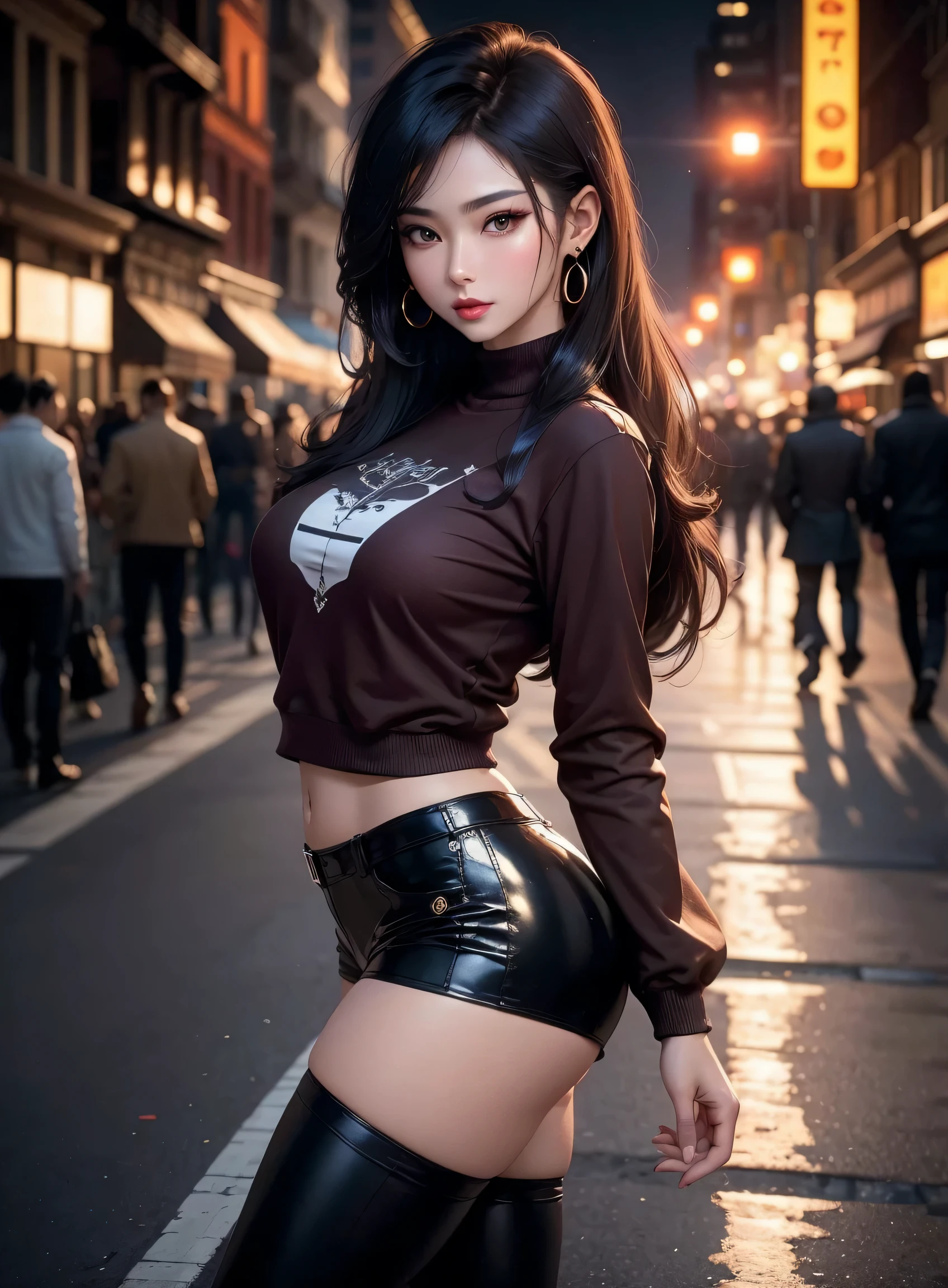 Top quality work，3D HD real scene，8K HD photos，10x pixel enhancement，very high res，highly detailed work，Clear and authentic work，Very detailed CG wallpaper，Clear focus：1.5，Natural dimming，Studio dimming，Face description：Three-dimensional facial featureelon seed face，Korean actress face，Korean sexy little mustang Kim Hunya，Jin Xinya temperament，Kim Hyun also details，Deep black hair，Premium hair details，Clear hair texture：1.1，Enchanting eyes，double eyelid，Fox eyes，Brown eyes，Advanced eye details：1.1，putting makeup on：Eye makeup，Gold eye makeup:1.1,Sexy and beautiful big red lips，Seductive lip shape，Superb lip detailing：1.1，Highly detailed and clear facial details：1.1，Perfect goddess face：1.1，Body shape description：Supermodel figure，Model body type，Perfect body proportions：1.3，Premium model body details：1.1，Top goddess figures：1.1，Wearing a crimson sweatshirt，Sweatshirt，dark red clothes，Leather shorts，Black leather shorts，Black YSL heels，high heels boots，blackstockings，With earrings，in a city street，Stand on the sidewalk and pose，Photo photos of modern clothing，fashion photoshoot，Sports style photos，Sporting female photo，Full body photo，Advanced skin details：1.1，Moist skin details：1.1