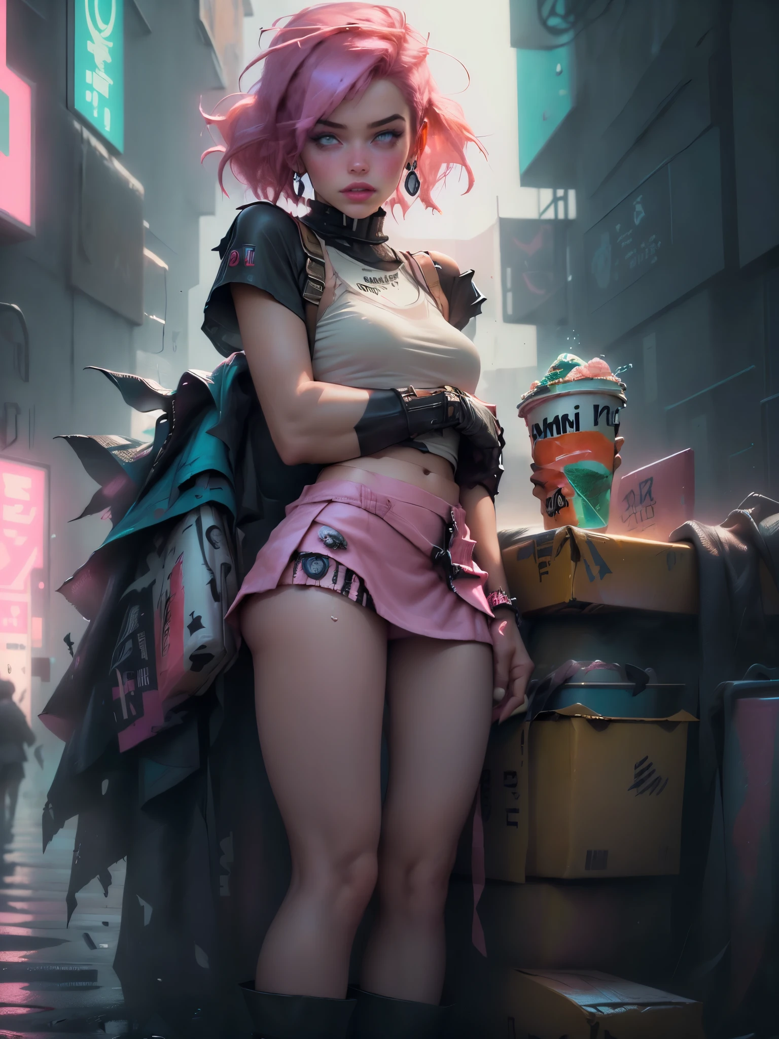 unreal engine:1.4, ultra realistic CG K, photorealistic:1.4, full body full shot:1.4, skin texture:1.4, masterpiece:1.4,(( beautiful woman holding an ice cream and a balloon in the other hand, ornaments on her cyberpunk-style clothing and hair, cyberpunk-style clothing in pink and cyan colors, pink mini skirt: 1.5)), in the background a place with computers, neon lights.