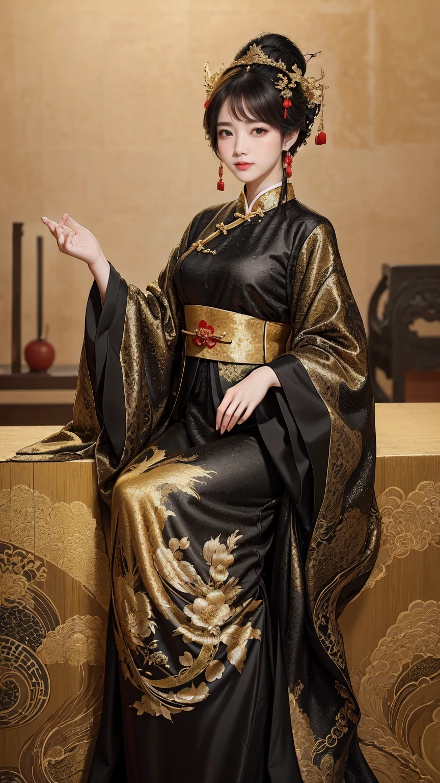 Une femme vêtue d&#39;une robe noire et dorée posant pour une photo, cheongsam, cheongsam, Associé à des costumes chinois anciens, hanfu, style chinois, Chinois (Traditionnel, Chinois (Traditionnel clothing, Belle reine fantastique, Chinoise, Conformément à l&#39;esthétique chinoise ancienne, hanfu, beauté traditionnelle, Porter des vêtements chinois anciens, magnifique modèle chinois, porter des vêtements de fantaisie, femme chinoise