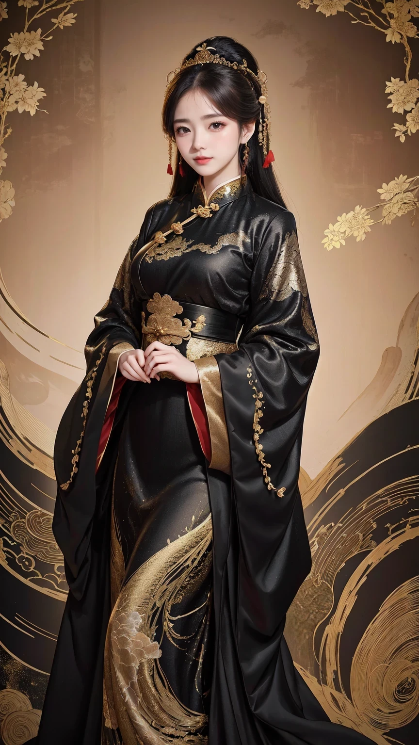 A woman in a black and gold dress posing for a photo, cheongsam, cheongsam, Paired with ancient Chinese costumes, Hanfu, Chinese style, Chinese traditional, Chinese traditional clothing, beautiful fantasy queen, Chinese girl, In line with ancient Chinese aesthetics, hanfu, traditional beauty, Wearing ancient Chinese clothes, Gorgeous Chinese model, Wearing fancy clothes, chinese woman