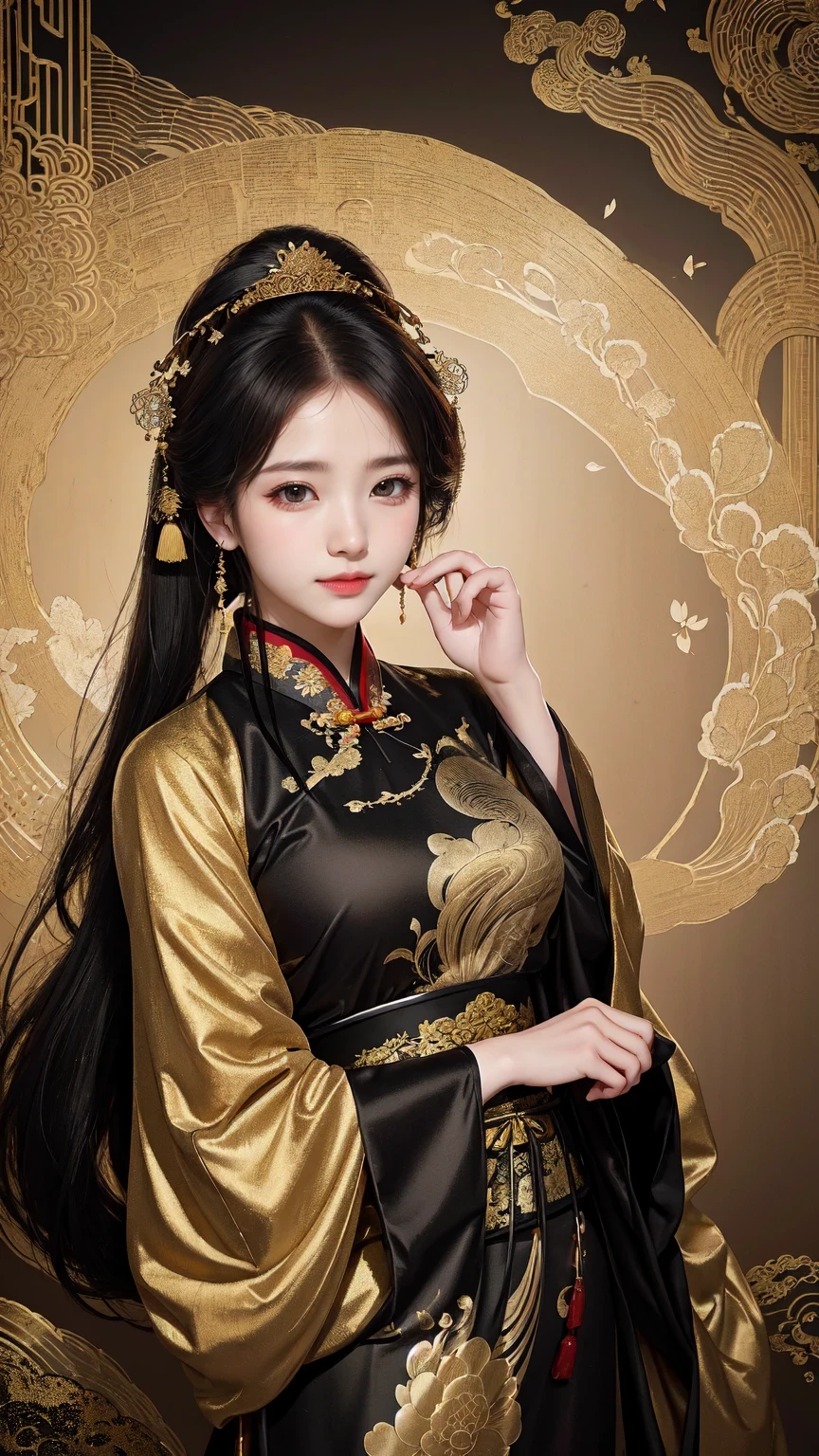 Eine Frau in einem schwarz-goldenen Kleid posiert für ein Foto, Cheongsam, Cheongsam, Gepaart mit alten chinesischen Kostümen, Hanfu, chinesischer Stil, chinesische Tradition, chinesische Tradition clothing, schöne Fantasiekönigin, chinesisches Mädchen, Im Einklang mit der alten chinesischen Ästhetik, hanfu, traditionelle Schönheit, Das Tragen antiker chinesischer Kleidung, wunderschönes chinesisches Modell, schicke Kleidung tragen, Chinesin