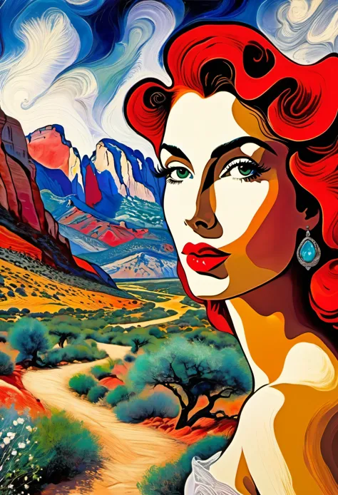 joscriver beautiful woman hair , doubly good,  hiking trail in zions national park, full red lips, ,((marc chagall style)), magi...