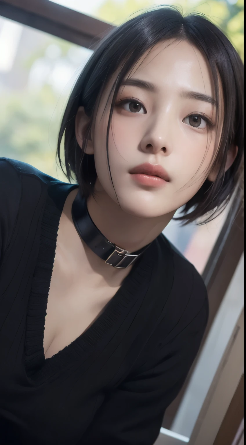 realistic, table top, highest quality, RAW photo, 1 girl, alone, handsome short hair, detailed face, fascinating face, black shirt with collar, medium breasts, dynamic pose, looking at the viewer, from below, detailed background, Detailed, intricate details,  ray tracing, Depth of the bounds written, low key, nffsw