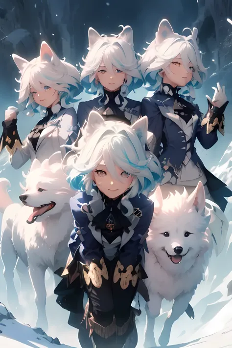 9. el personaje：polaris y sus perros samoyedos esquiaron y volaron por la nieve。 apariencia：cabello azul claro hasta los hombros...