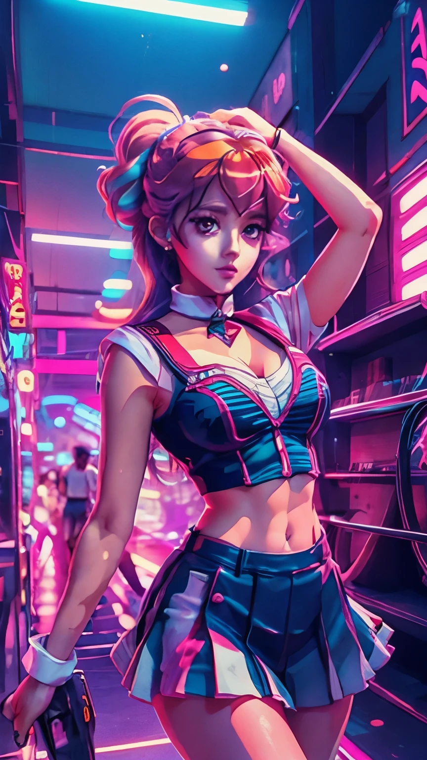 uma imagem de desenho animado de uma menina com uniforme de marinheiro dançando em uma boate lotada, 8 0 s anime vibe, Estilo anime dos anos 80, vibrações de anime, Estilo de arte de anime dos anos 80, garota lofi, no estilo artístico do anime dos anos 80, art deco supera anime estética, [ estilo de arte synthwave ]!! ]!!, Estética de anime dos anos 90