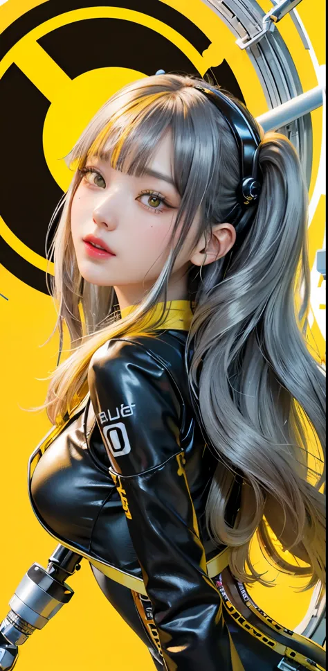 profile photo, in front of the yellow wall, asian cyborg woman without body, connected by cable, twisted cable and wire and led,...