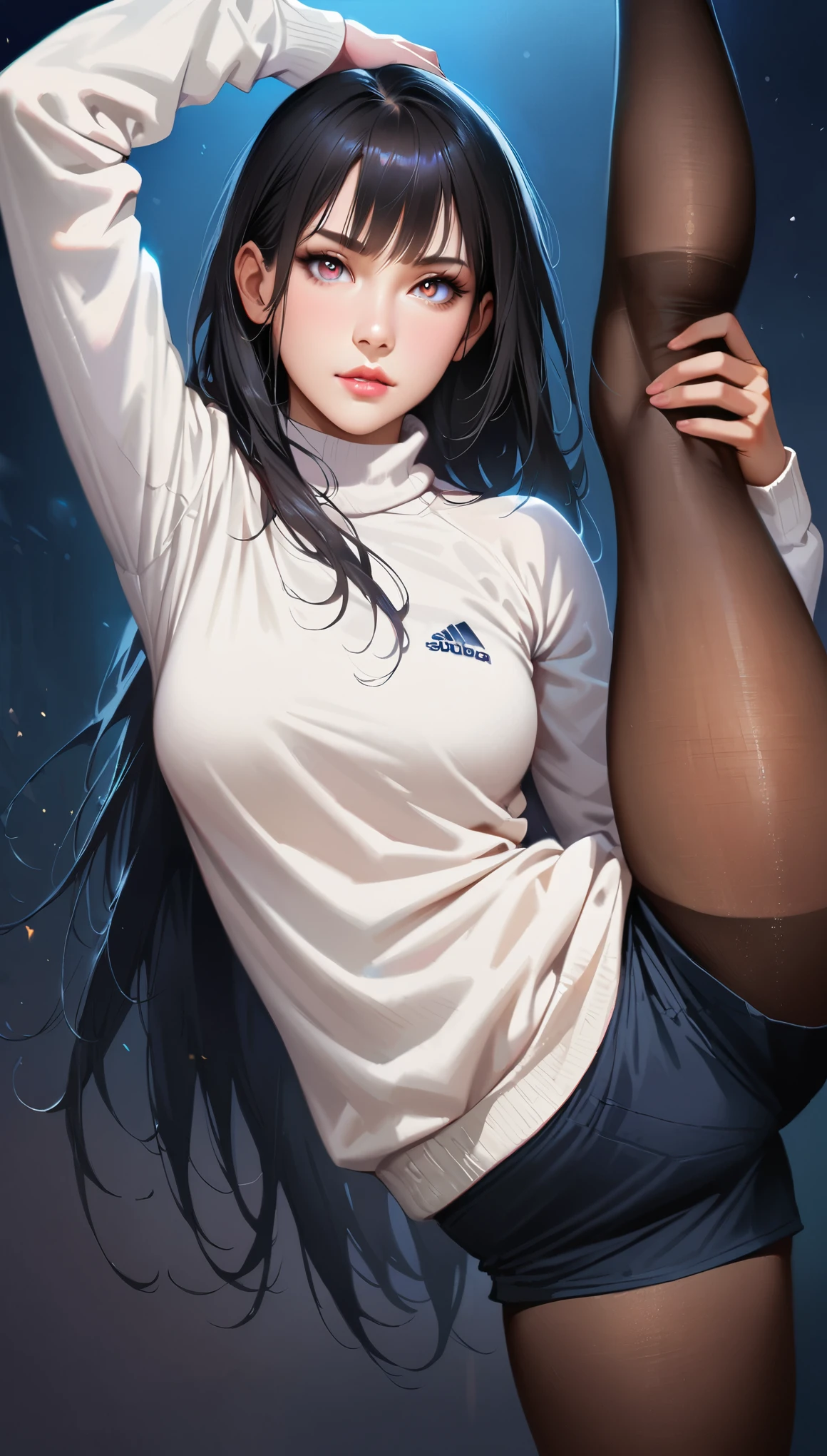 (best quality:1.2), 1girl, standing_split, long black hair, white turtleneck sweater, sports shorts, pantyhose, beautiful detailed eyes, beautiful detailed lips, extremely detailed eyes and face, long eyelashes, vivid colors, professional, ultra-detailed, realistic, studio lighting, physically-based rendering
