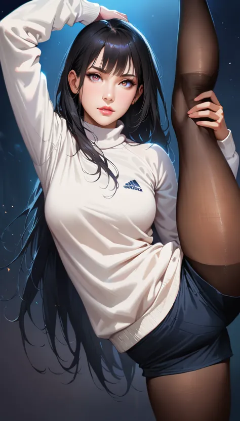 (best quality:1.2), 1girl, standing_split, long black hair, white turtleneck sweater, sports shorts, pantyhose, beautiful detailed eyes, beautiful detailed lips, extremely detailed eyes and face, long eyelashes, vivid colors, professional, ultra-detailed, ...