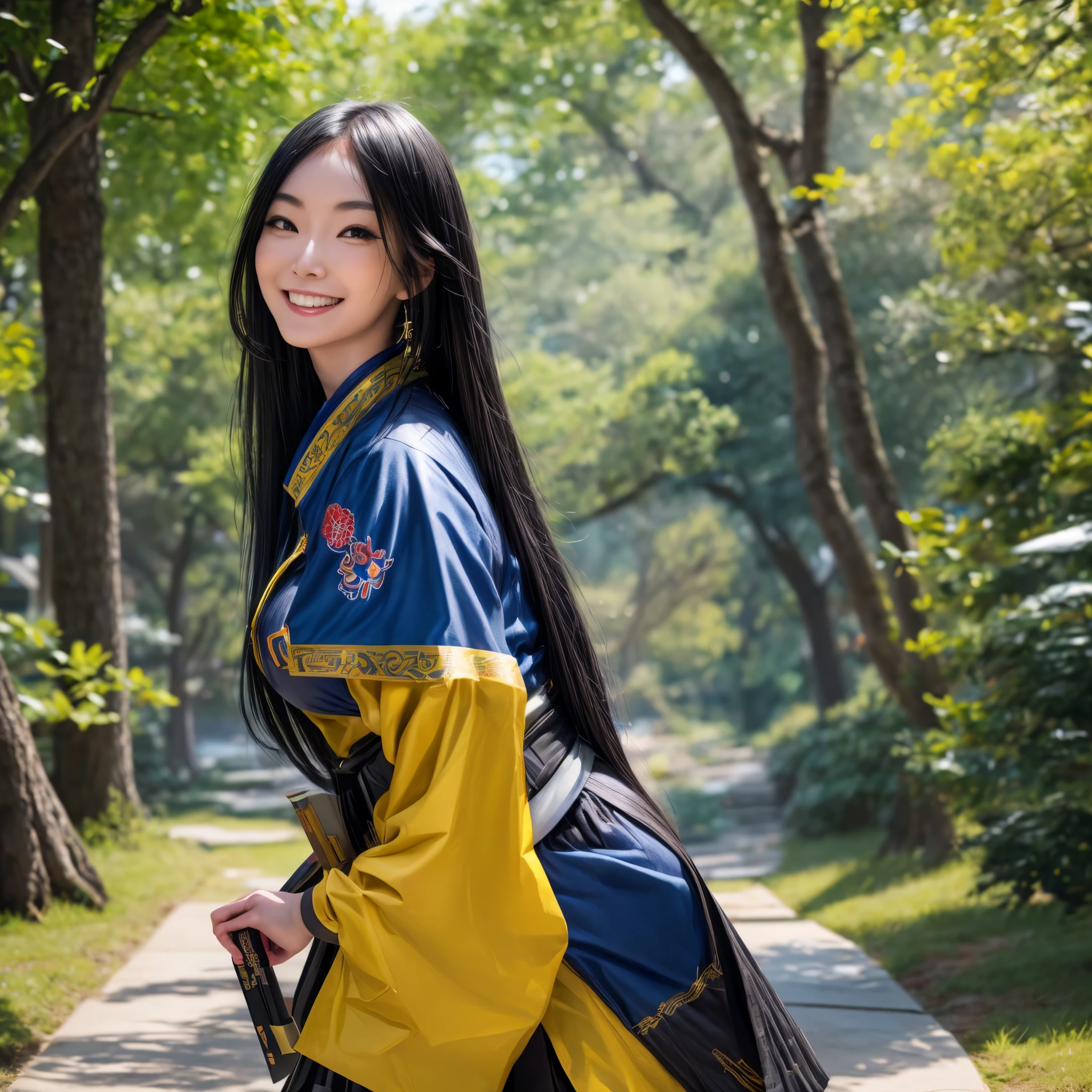 (best quality,4k,8k,highres,masterpiece:1.2),ultra-detailed, Japanese Goddess Amaterasu as a college student, Black hair, Blue uniform with yellow accents, walking around college campus, smiling at viewer, seducing viewer, HDR, 8k, absurdres, cinestill 800, sharp focus, add_detail:3
