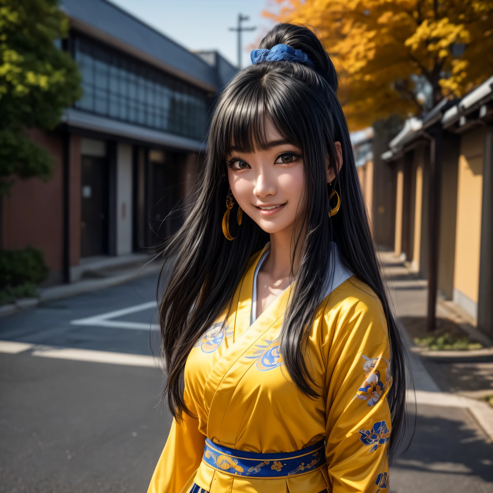 (melhor qualidade,4K,8K,alta resolução,obra de arte:1.2),ultra-detalheed, A Deusa Japonesa Amaterasu como uma estudante universitária, Cabelo preto, Uniforme azul da academia com detalhes amarelos, passeando pelo campus da faculdade, Sorrindo para o espectador, seduzindo o espectador, HDR, 8K, absurdos, Cinemastill 800, foco nitído, adicionar_detalhe:3
