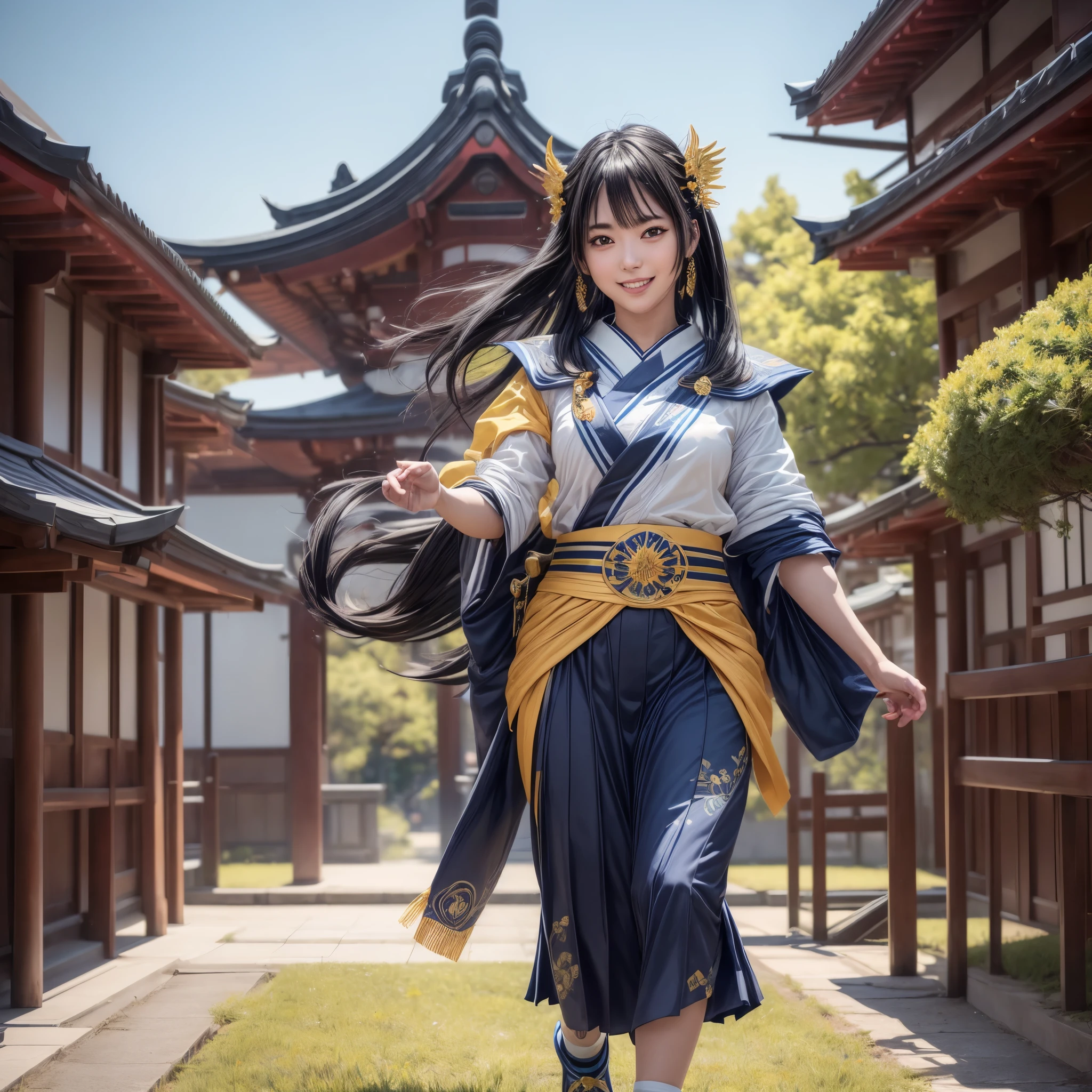 (best quality,4k,8k,highres,masterpiece:1.2),ultra-detailed, Japanese Goddess Amaterasu as a college student, Black hair, Blue academy uniform with yellow accents, walking around college campus, smiling at viewer, seducing viewer, HDR, 8k, absurdres, cinestill 800, sharp focus, add_detail:3