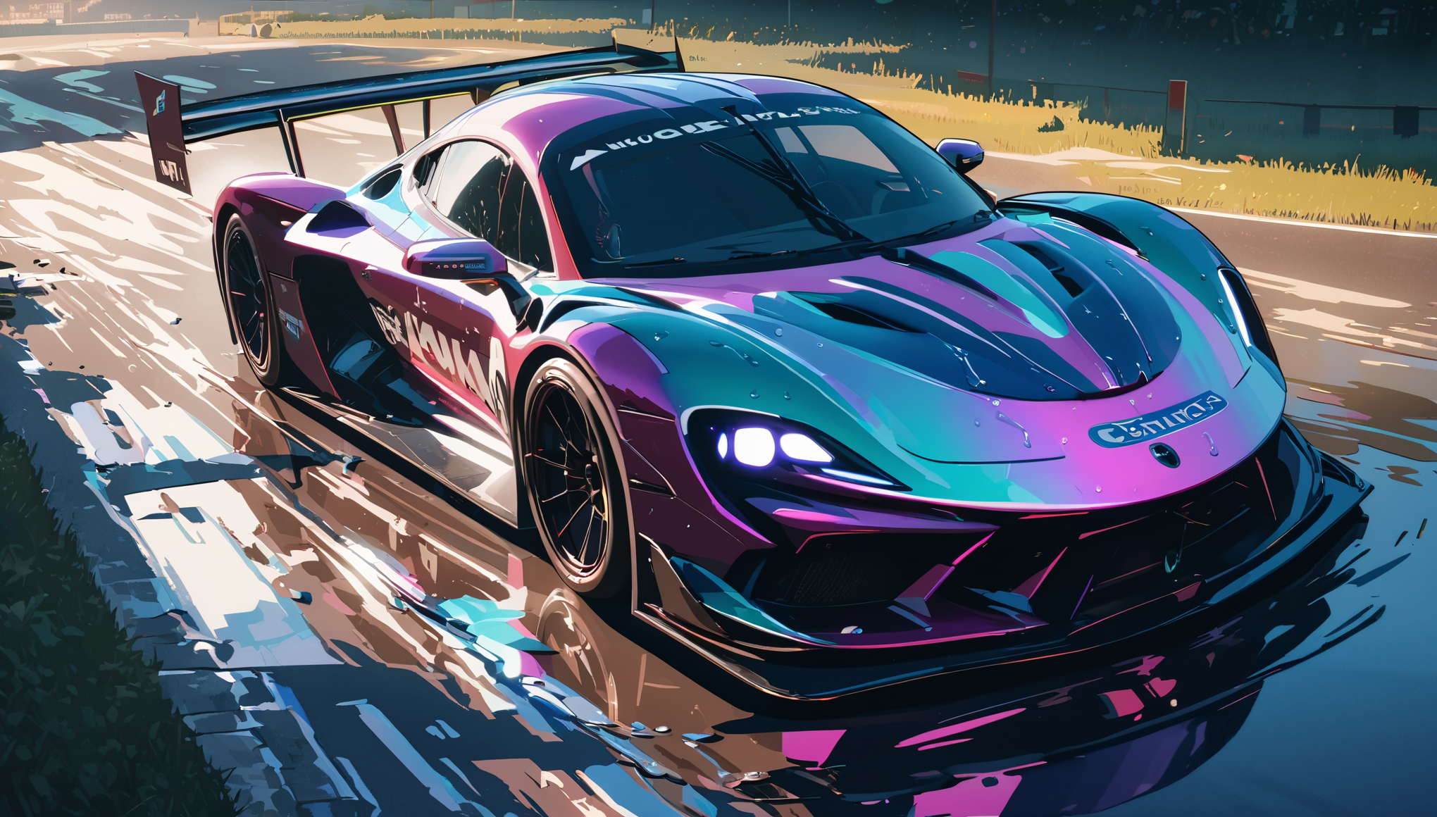 sharp focus at racing car,anime,water splash,iridescent wet road,gorgeous color grading,cel shading,gorgeous gradient,glowing shadow,intricate,ultra-detailed,8k,cinematic lighting,(masterpiece)
