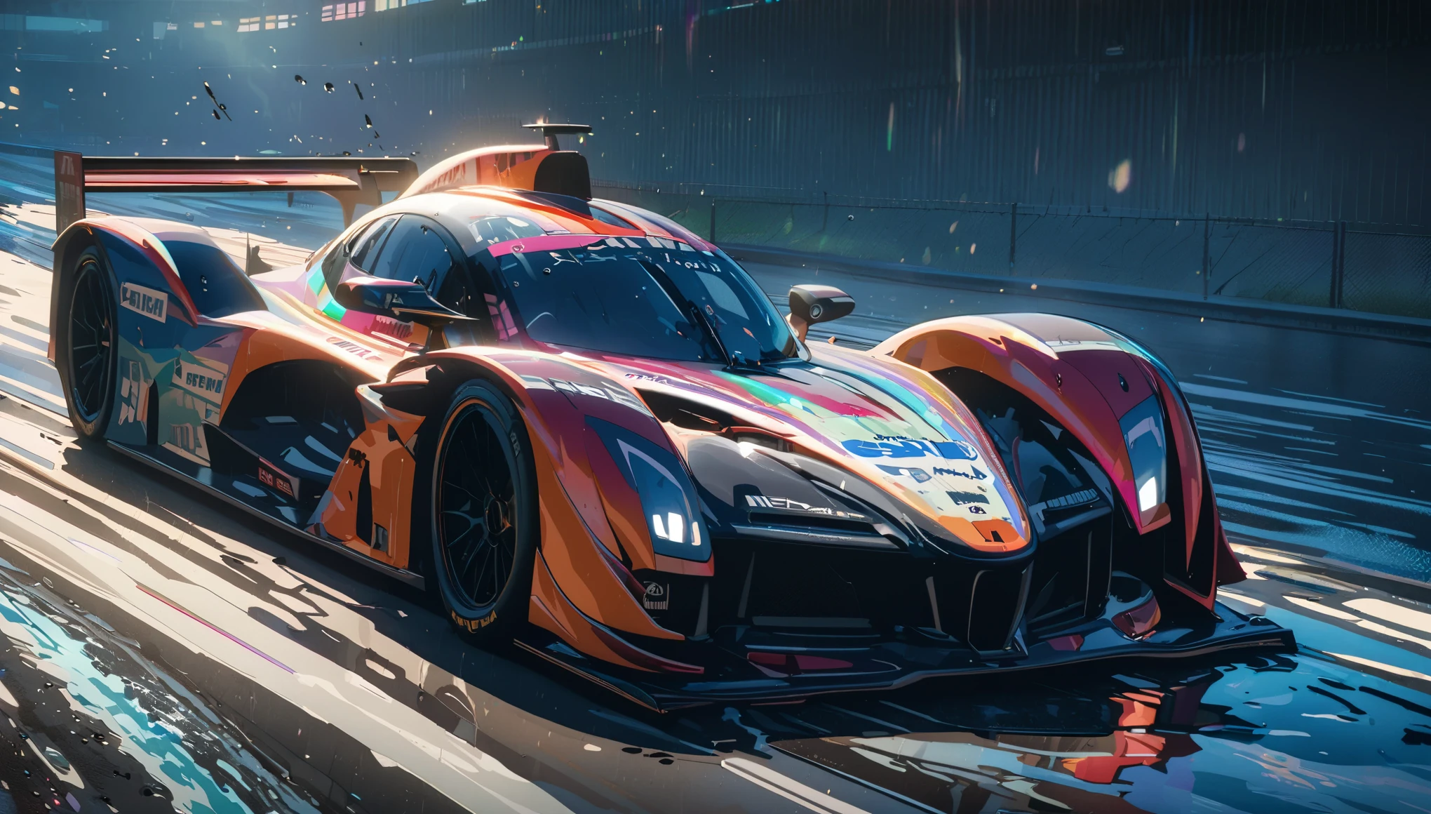 sharp focus at racing car,anime,water splash,iridescent wet road,gorgeous color grading,cel shading,gorgeous gradient,glowing shadow,intricate,ultra-detailed,8k,cinematic lighting,(masterpiece)
