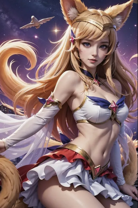 (masterpiece, best quality:1.2), intricate details,  star guardian ahri, 1girl, animal ears, hair ornament, detached sleeves, ba...