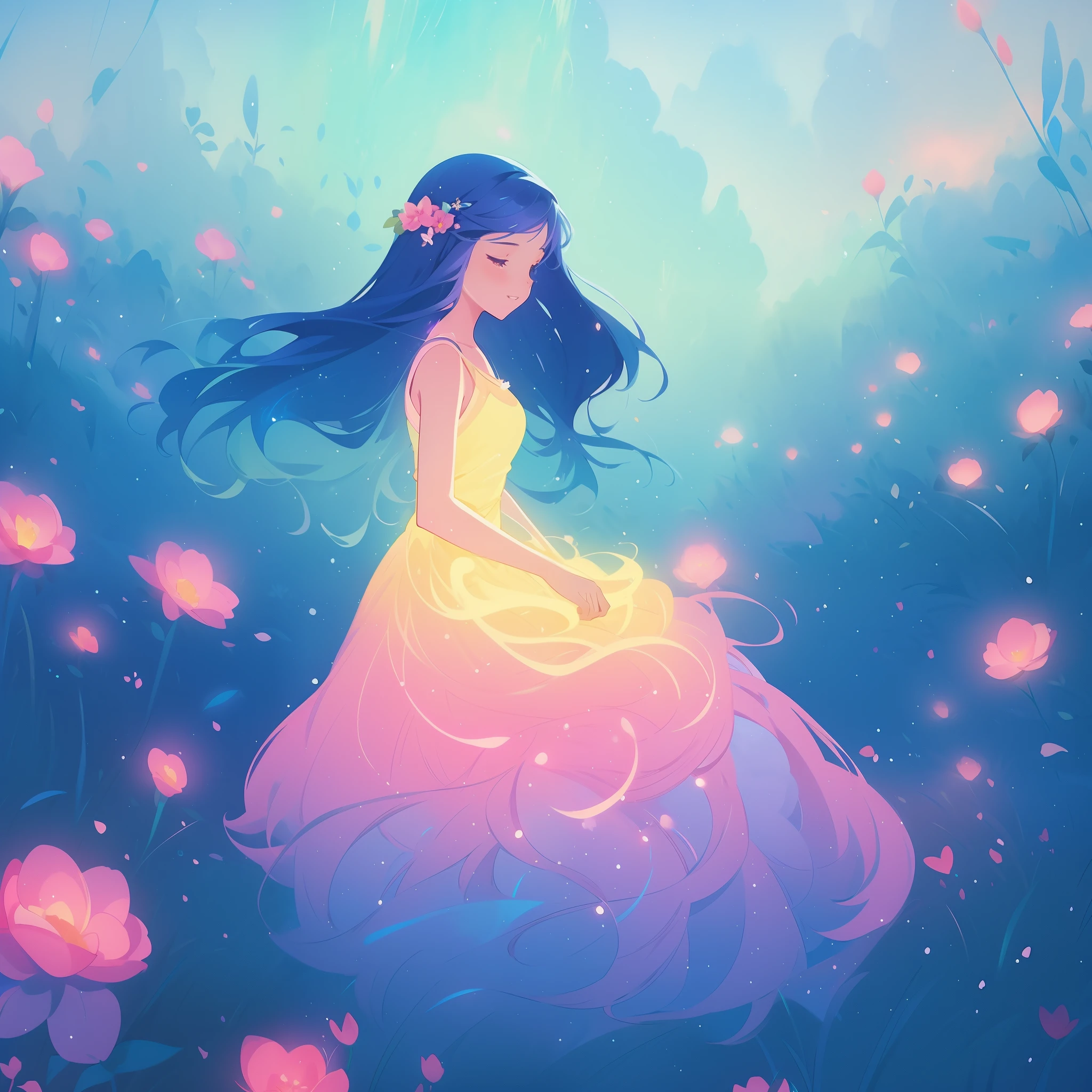 beautiful girl in gradient colorful dress, yellow pink purple fairy dress, beautiful girl sitting in a field with pink red flowers, puffy pink flowers, glowing lights, whimsical landscape, long dark blue flowing hair, watercolor illustration, inspired by Glen Keane, inspired by Lois van Baarle, disney art style, by Lois van Baarle, glowing aura around her, by Glen Keane, jen bartel, glowing lights! digital painting, flowing glowing hair, glowing flowing hair, beautiful digital illustration, fantasia otherworldly landscape plants flowers, beautiful, masterpiece, best quality, anime disney style