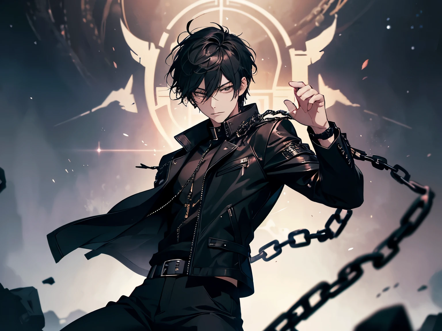 1 man, teacher, wearing a black leather jacket with chains, long black pants, black hair, short hair, face to detail, detailed eyes, black eyes, black crown floating over his head, in a fighting pose, the background is space beings in china