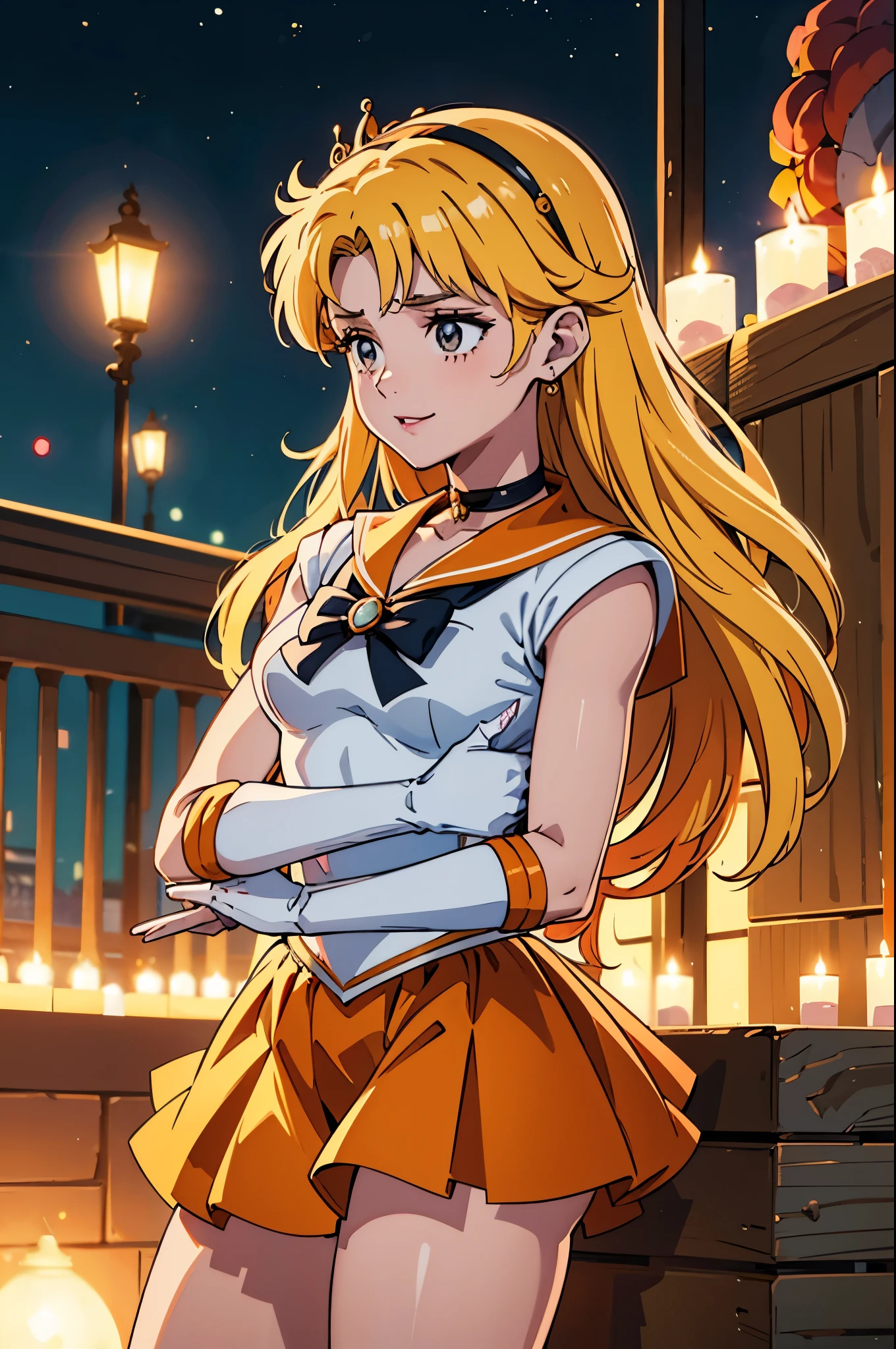 obra de arte, Melhor qualidade, high resolution, Venus1, 1 garota, Sozinho, Uniforme de marinheiro Senshi, Sailor Venus, Aino Minako, Cabelo loiro,  magic, olhos azuis, orange ultra mini saia, luvas na altura do cotovelo, tiara, saia plissada , arco de cabelo, colar marinheiro laranja, ultra mini saia, gargantilha, Red loop, orange gargantilha, luvas brancas, cabelo muito comprido, joia, brincos, standing, sorrindo.