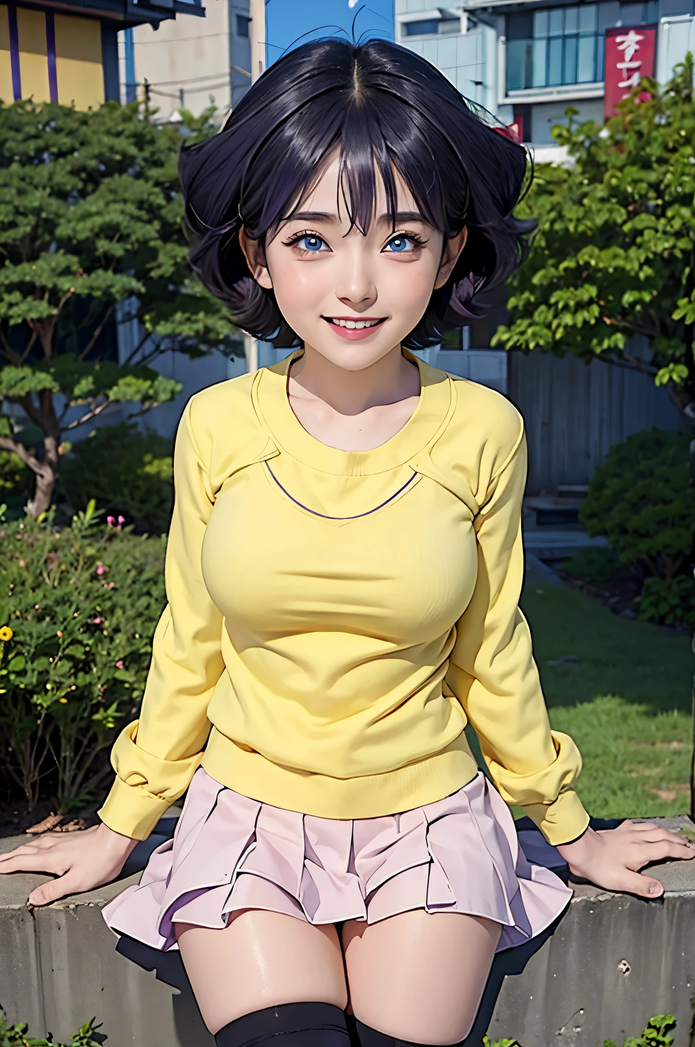 1girl, himawari anime naruto shipudden, short hair , purple hair, blue eyes, beautiful, Very Big Breasts, yellow clothes, smile, realistic clothes, detail clothes, city background, ultra detail, realistic