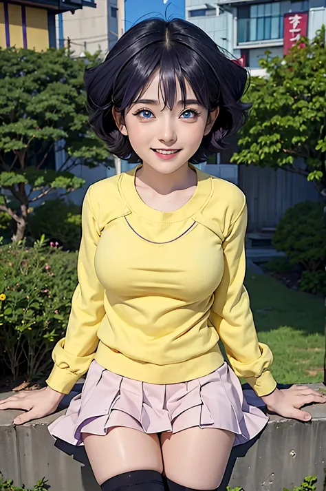 1girl, himawari anime naruto shipudden, short hair , purple hair, blue eyes, beautiful, Very Big Breasts, yellow clothes, smile,...