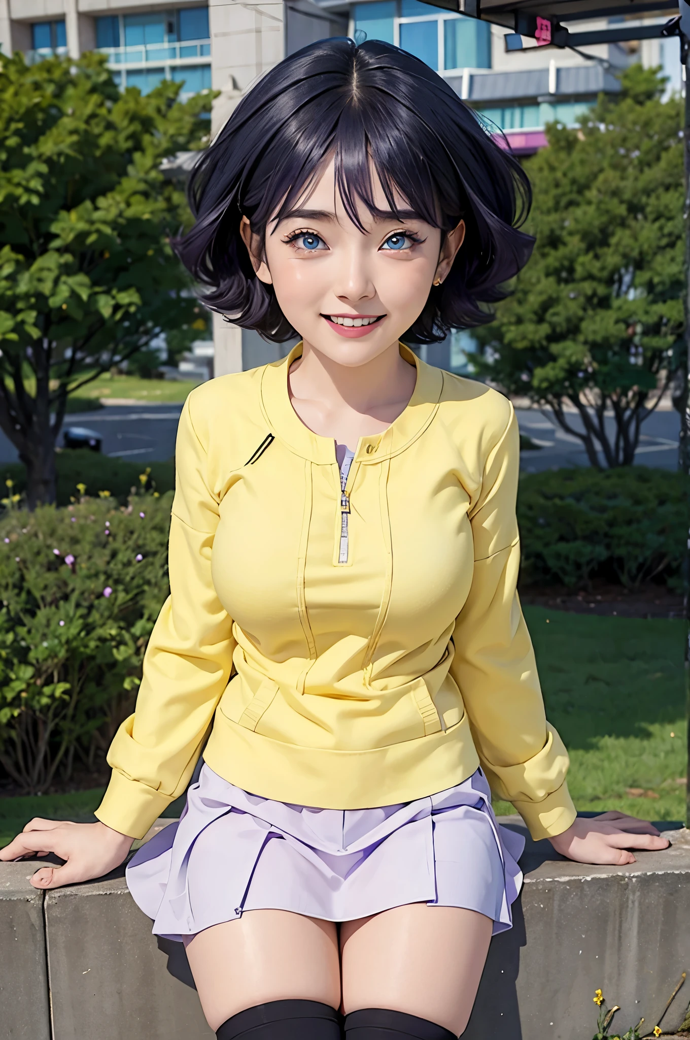 여자 1명, himawari anime naruto shipudden, 짧은 머리 , 보라색 머리카락, 파란 눈, 아름다운, 아주 큰 가슴, 노란 옷, 웃다, 현실적인 clothes, 디테일 옷, 도시 배경, 울트라 디테일, 현실적인