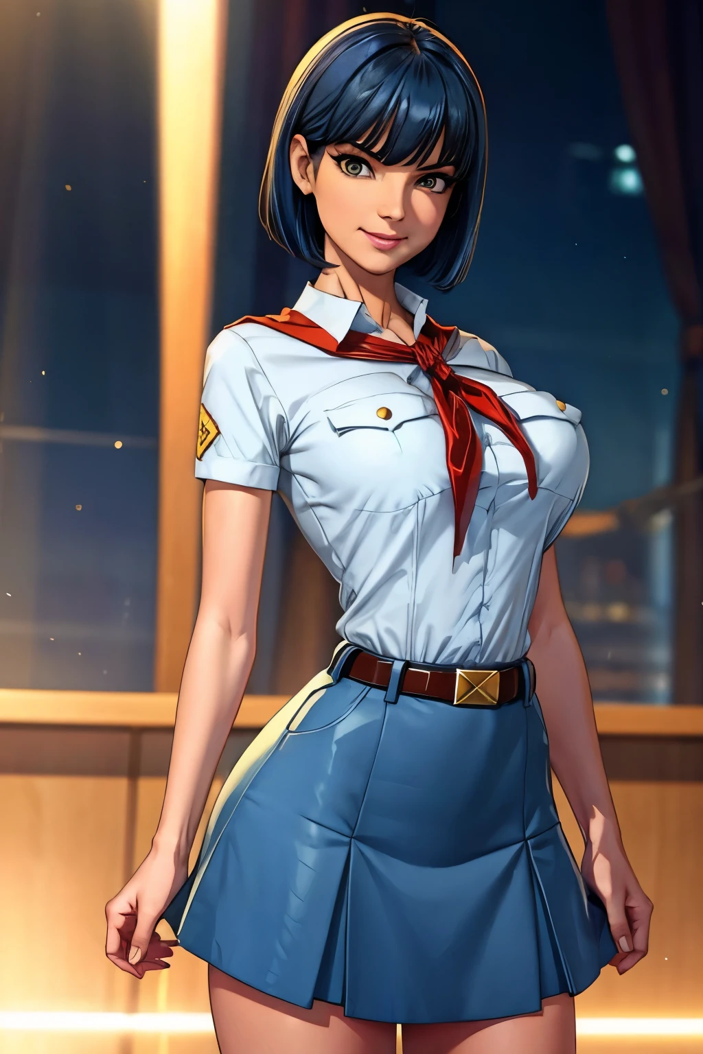 dark blue hair, short disheveled hair, huge ahoge, raised eyebrows, sparkling eyes, yellow eyes, evil smile, atmospheric perspective, anime style, cinematic lighting, glowing light, Wide-Angle, 8k, best quality, masterpiece, high details, high quality, slim and fit young girl, perfect huge bursting breast, slim waist, pioneer neckerchief, blue skirt, bangs, white thight shirt, short sleeves, collared shirt, belt, eyelashes, red neckerchief, breast pocket, ginagerson
