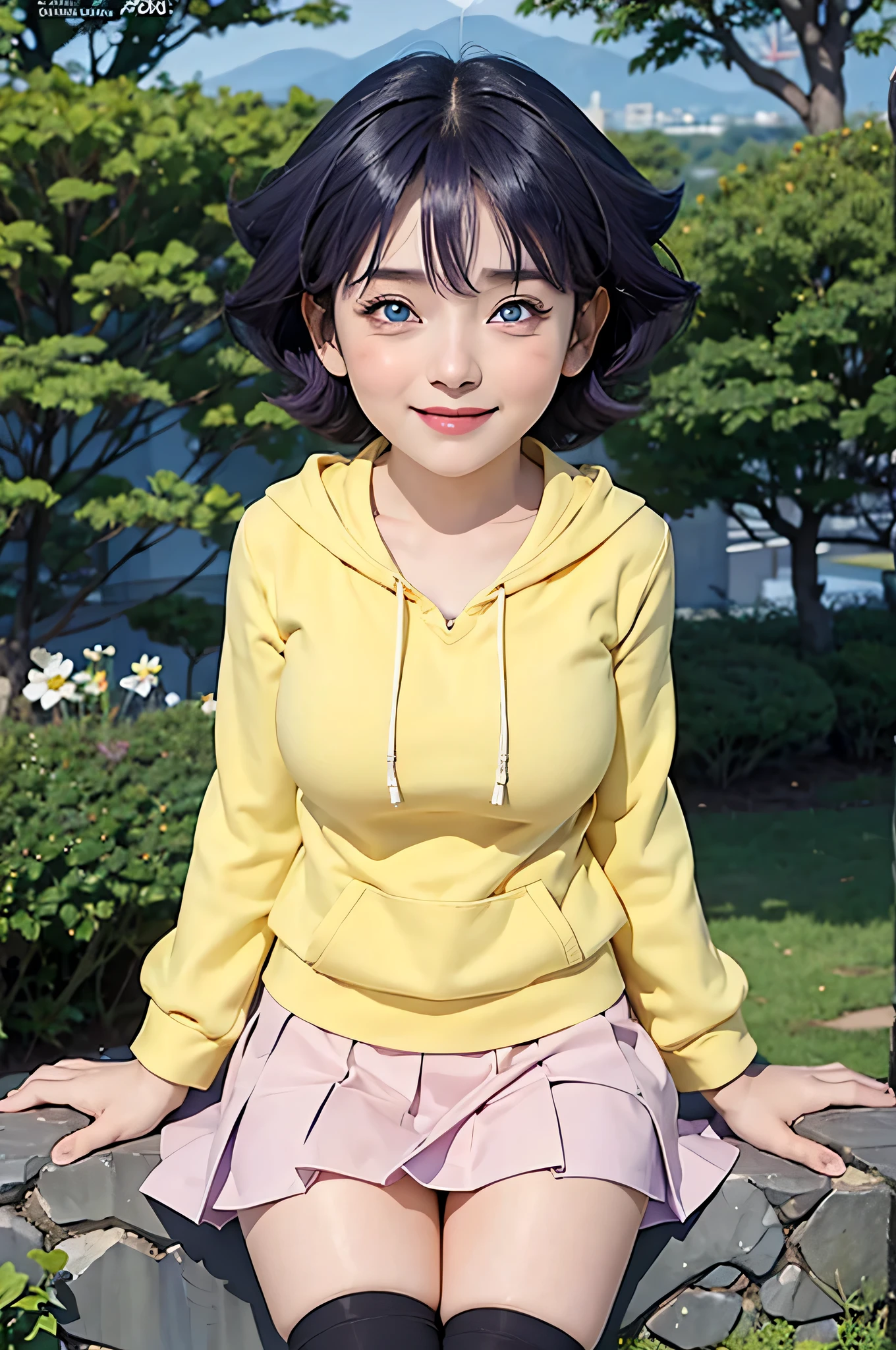 1girl, himawari anime naruto shipudden, short hair , purple hair, blue eyes, beautiful, Very Big Breasts, Not wearing clothes , smile, realistic clothes, detail clothes, city background, ultra detail, realistic